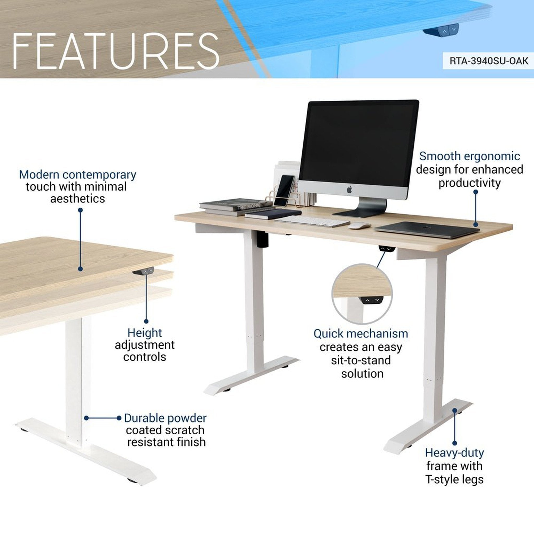 Techni Mobili Adjustable Sit to Stand Desk, Oak Techni Mobili Desks