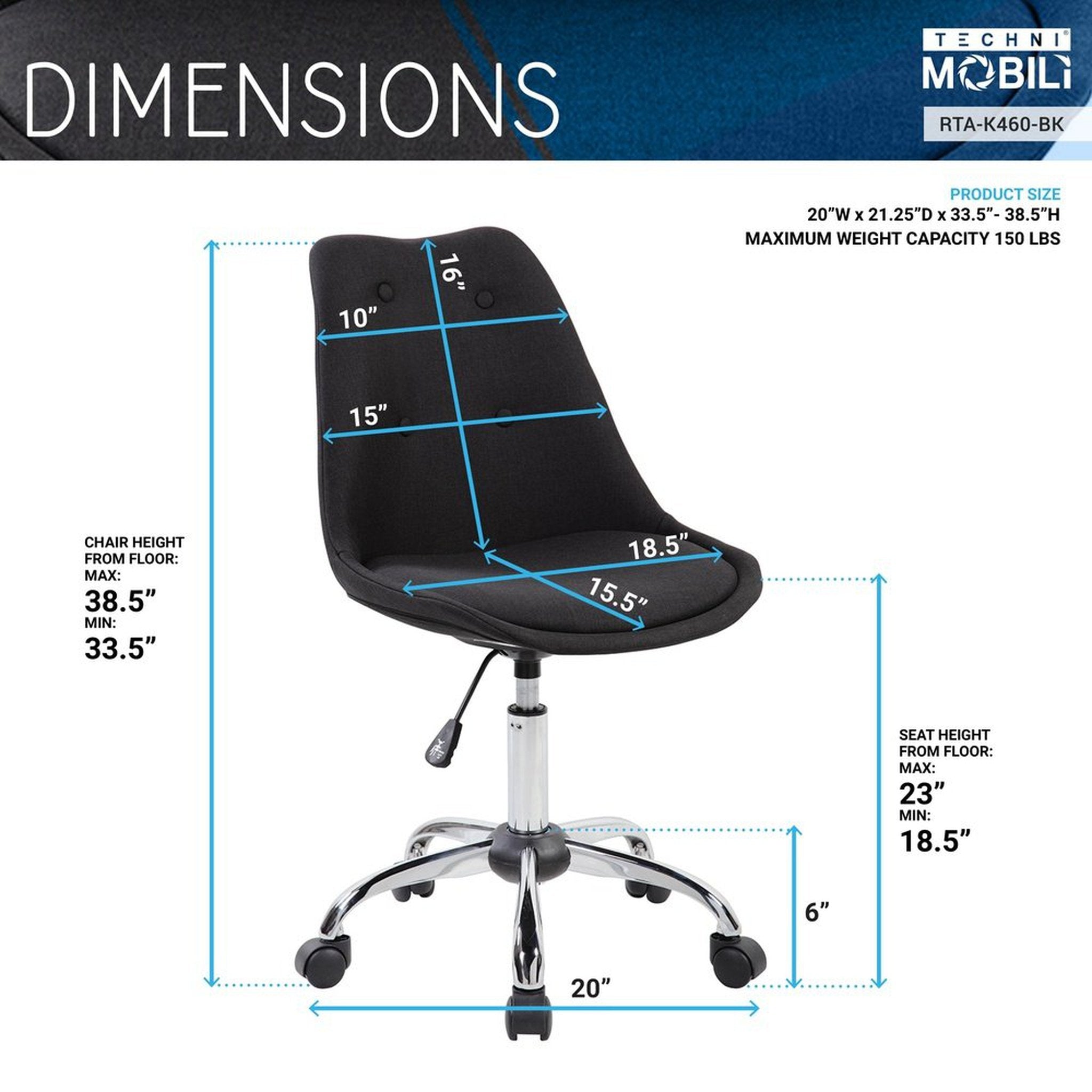 Techni Mobili Armless Task Chair with Buttons, Black Techni Mobili Chairs