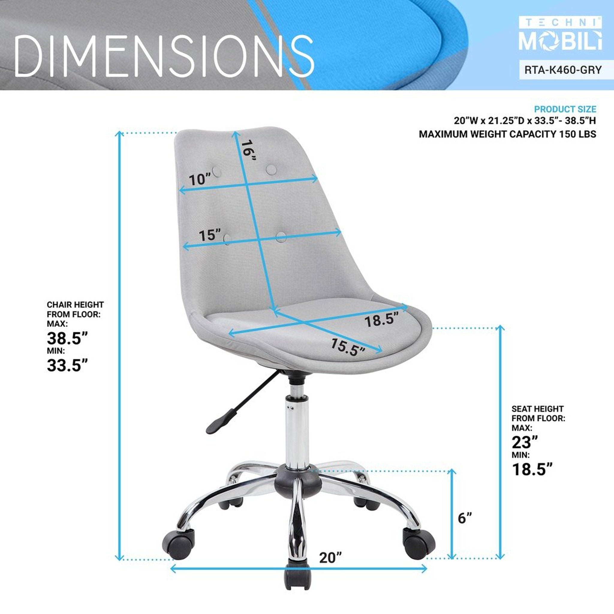 Techni Mobili Armless Task Chair with Buttons, Grey Techni Mobili Chairs