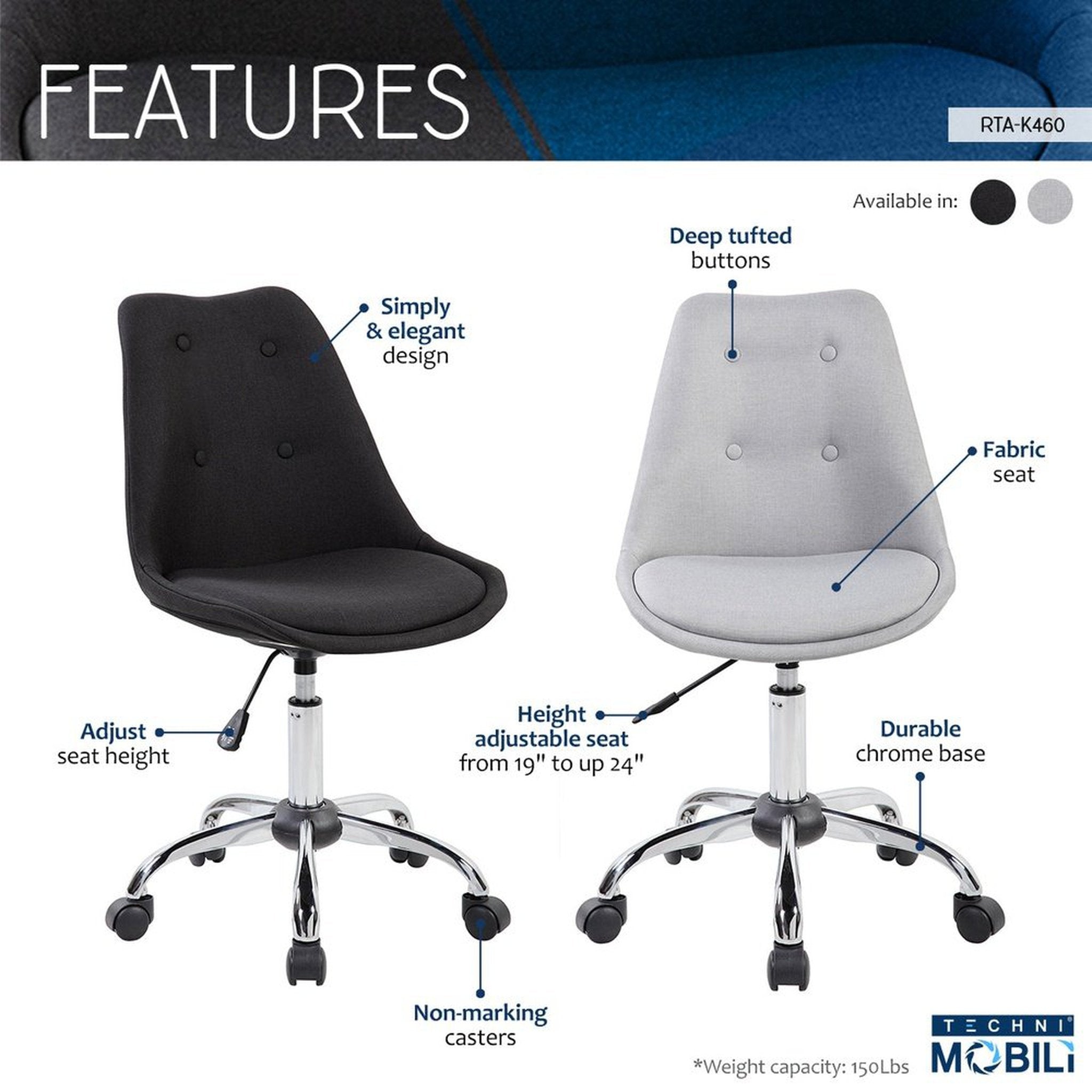 Techni Mobili Armless Task Chair with Buttons, Grey Techni Mobili Chairs