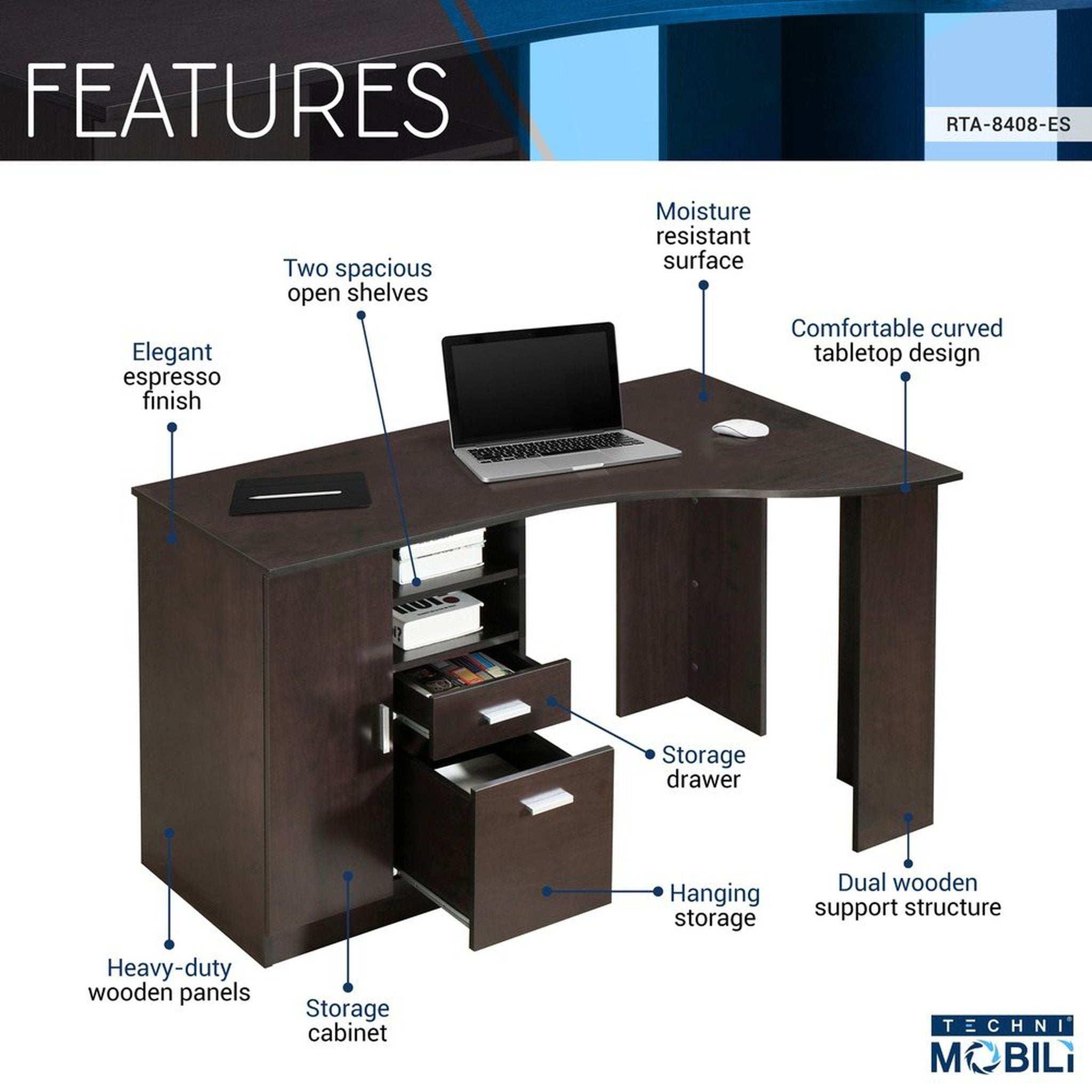 Techni Mobili Classic Office Desk with Storage, Espresso Techni Mobili Desks