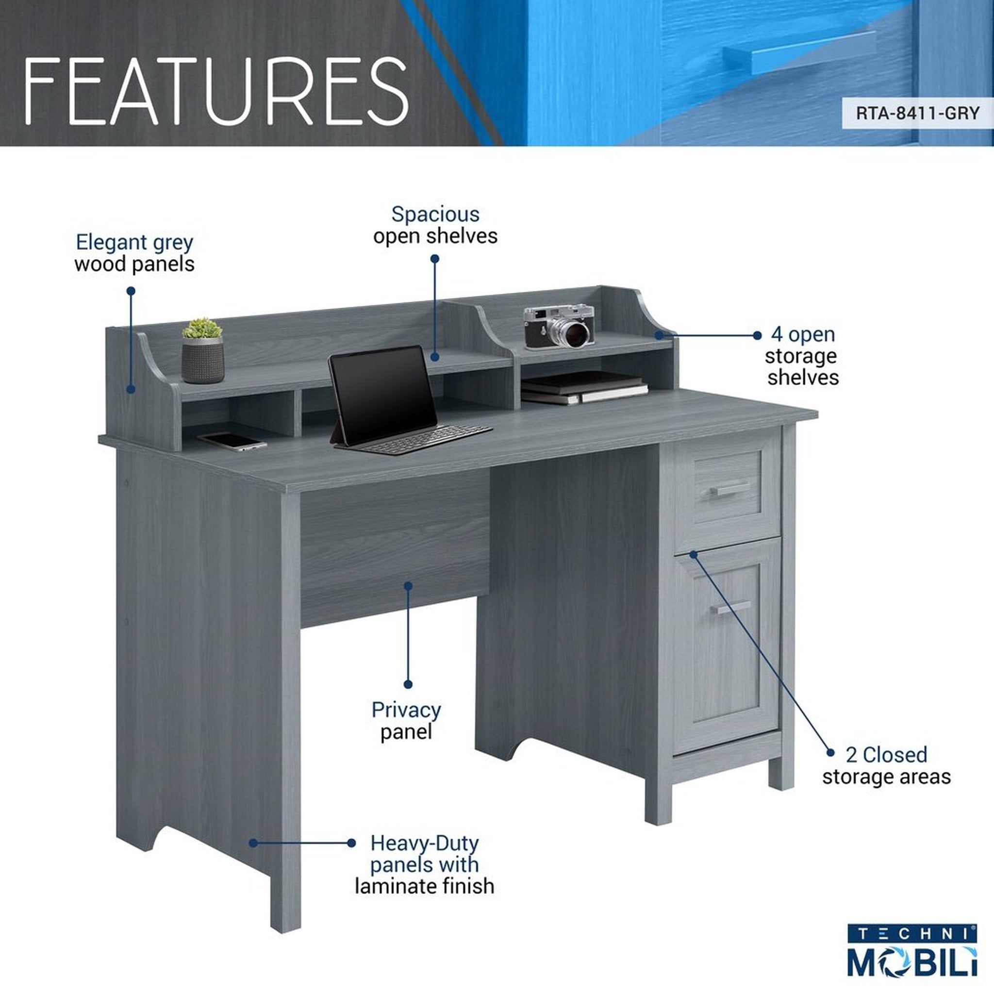 Techni Mobili Classic Office Desk with Storage, Grey Techni Mobili Desks