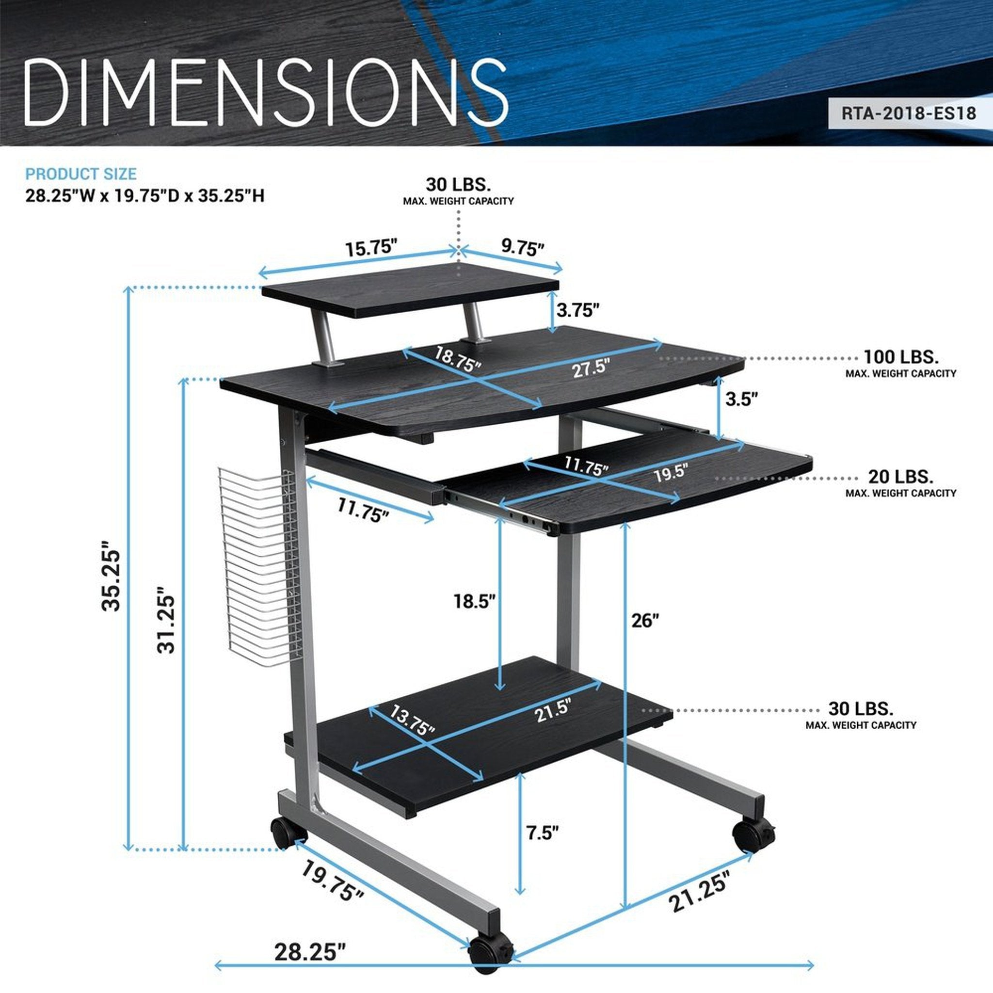 Techni Mobili Compact Computer Cart With Storage, Espresso Techni Mobili Desks