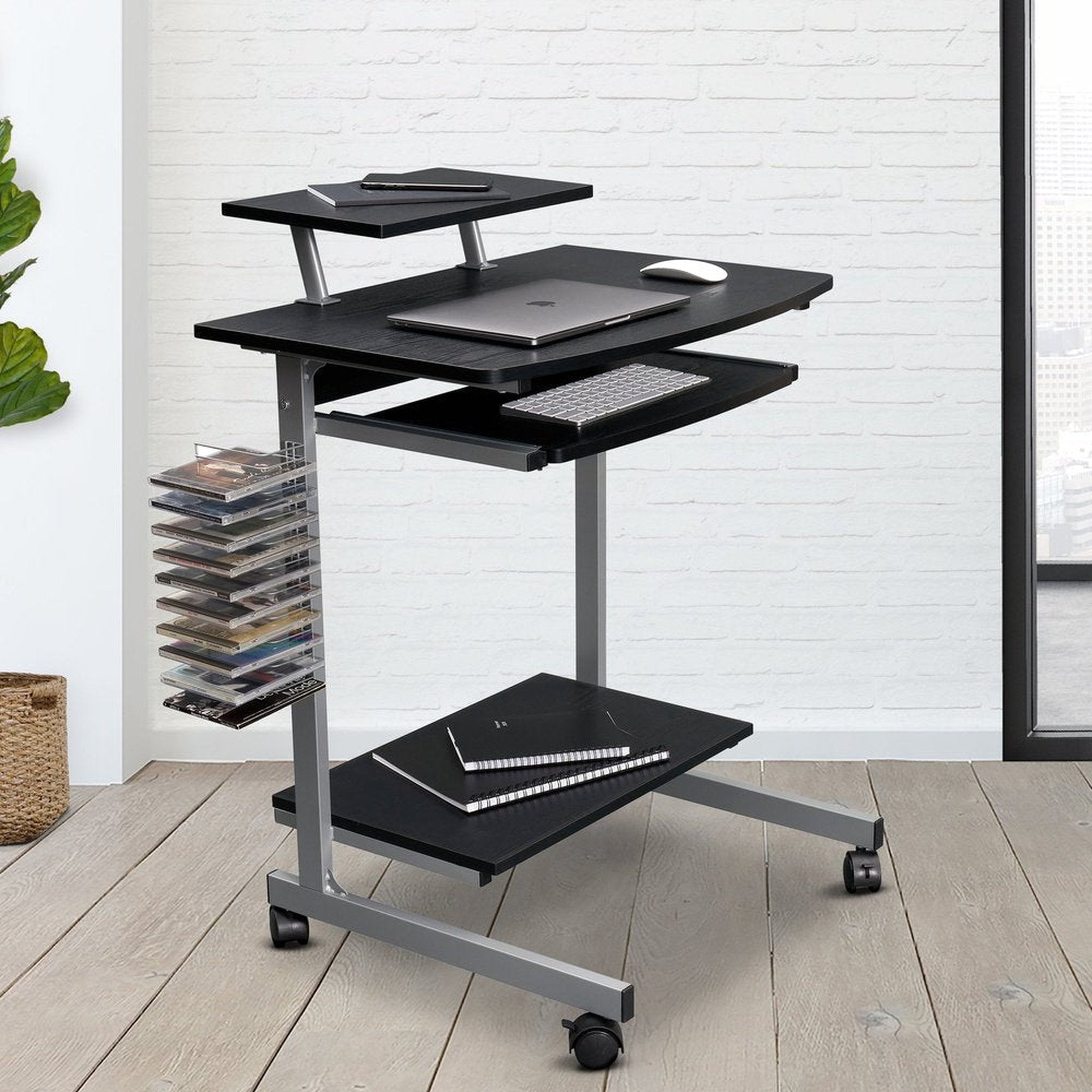 Techni Mobili Compact Computer Cart With Storage, Espresso Techni Mobili Desks