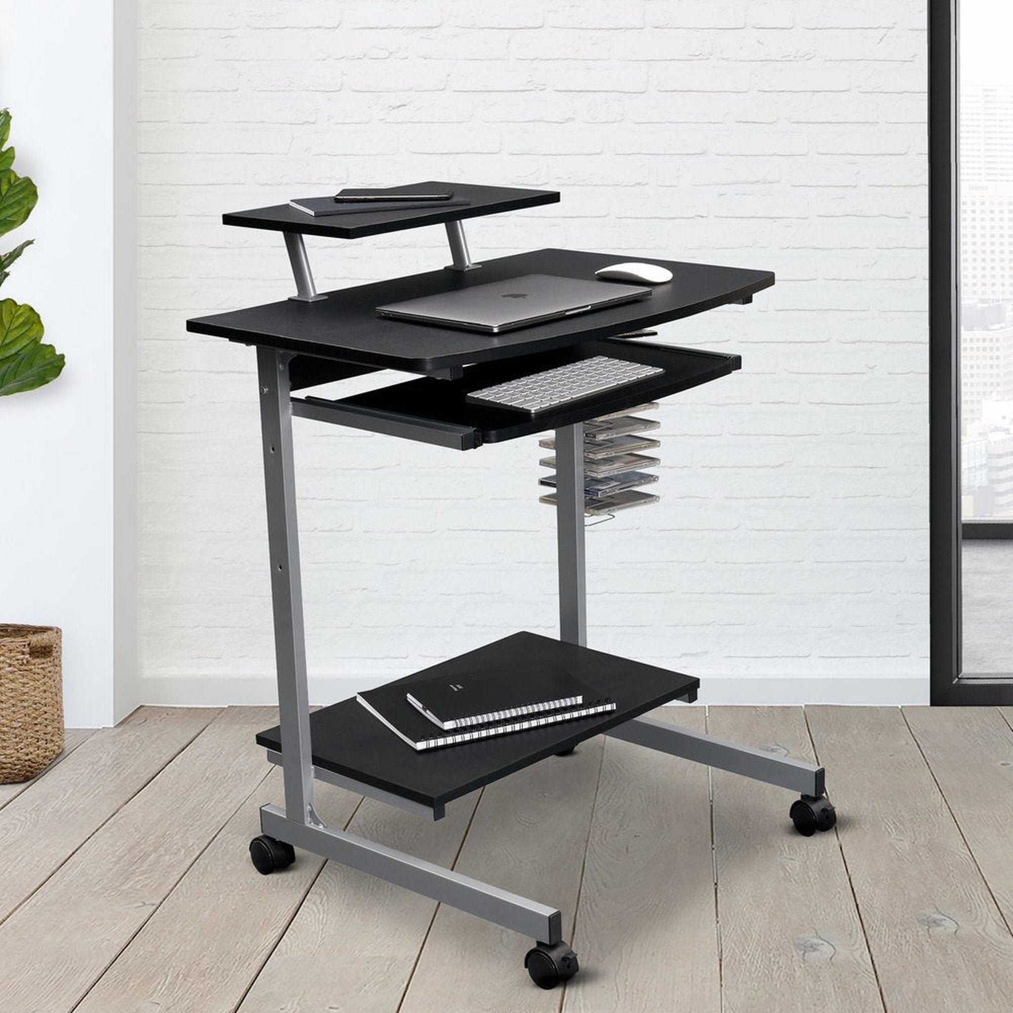 Techni Mobili Compact Computer Cart With Storage, Graphite Techni Mobili Desks