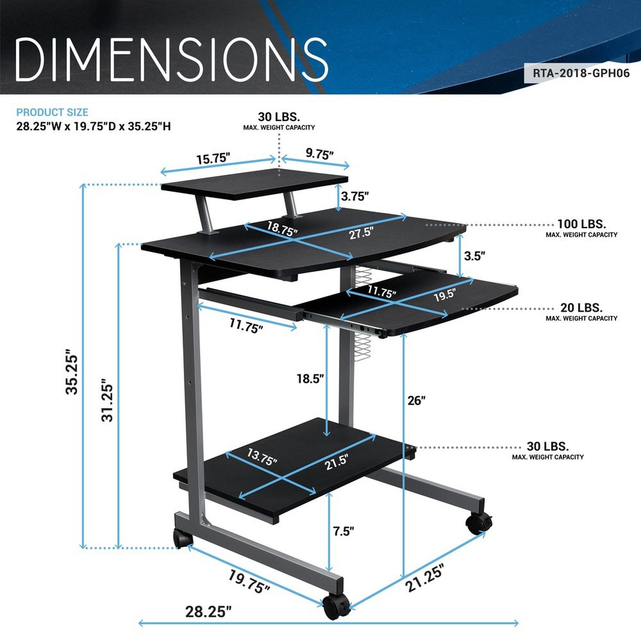 Techni Mobili Compact Computer Cart With Storage, Graphite Techni Mobili Desks