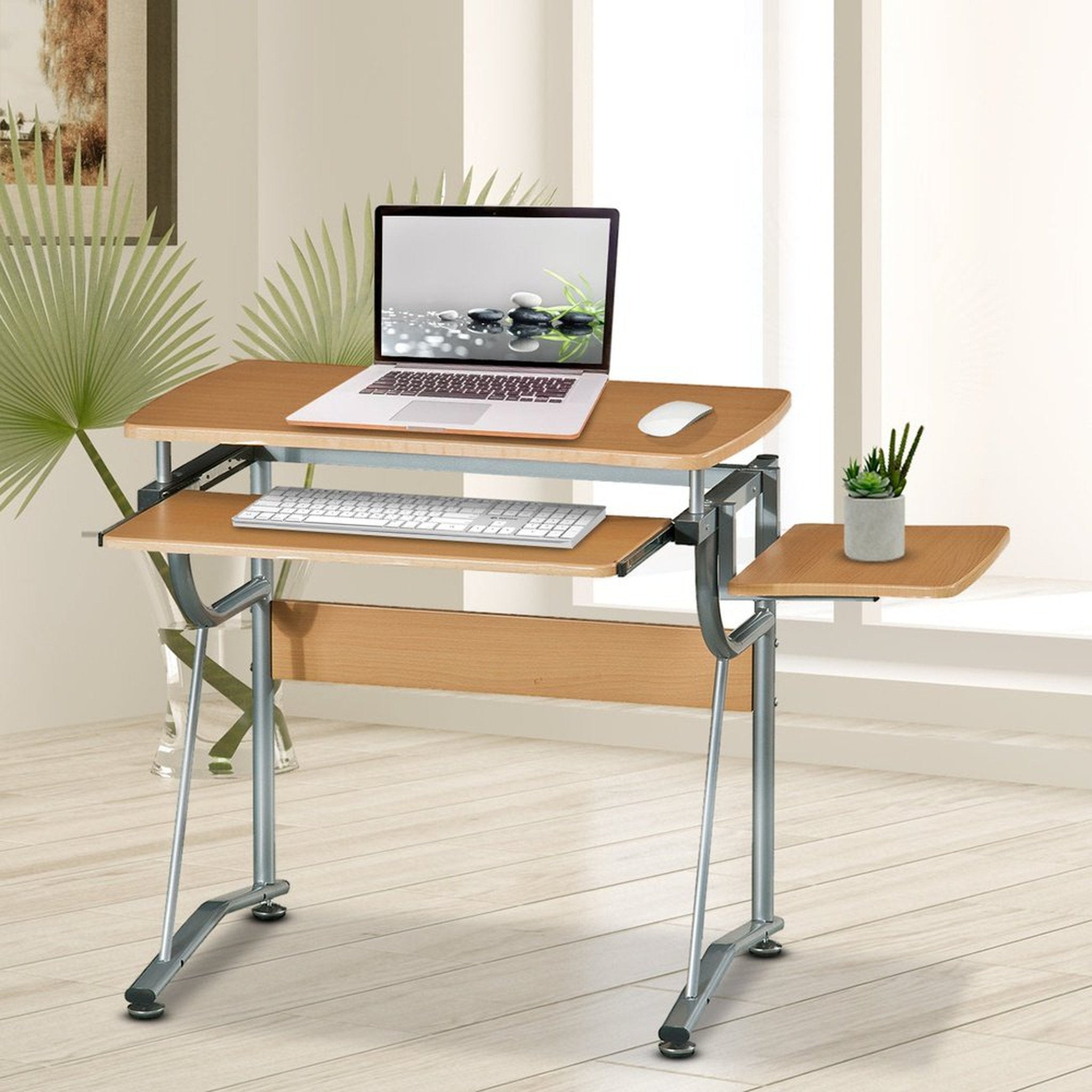 Techni Mobili Compact Computer Desk with Side Shelf and Keyboard Panel, Cherry Techni Mobili