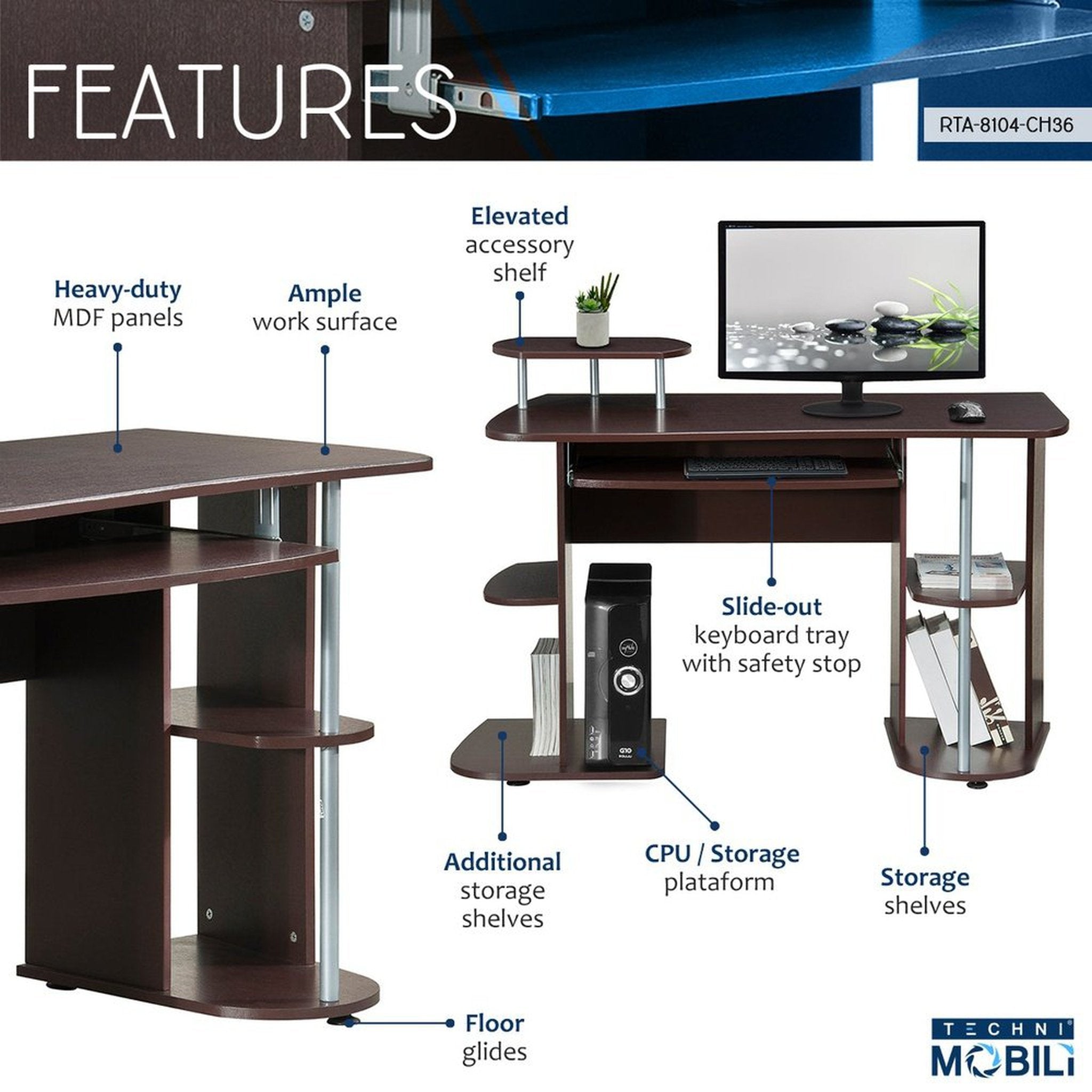 Techni Mobili Complete Computer Workstation Desk With Storage, Chocolate Techni Mobili