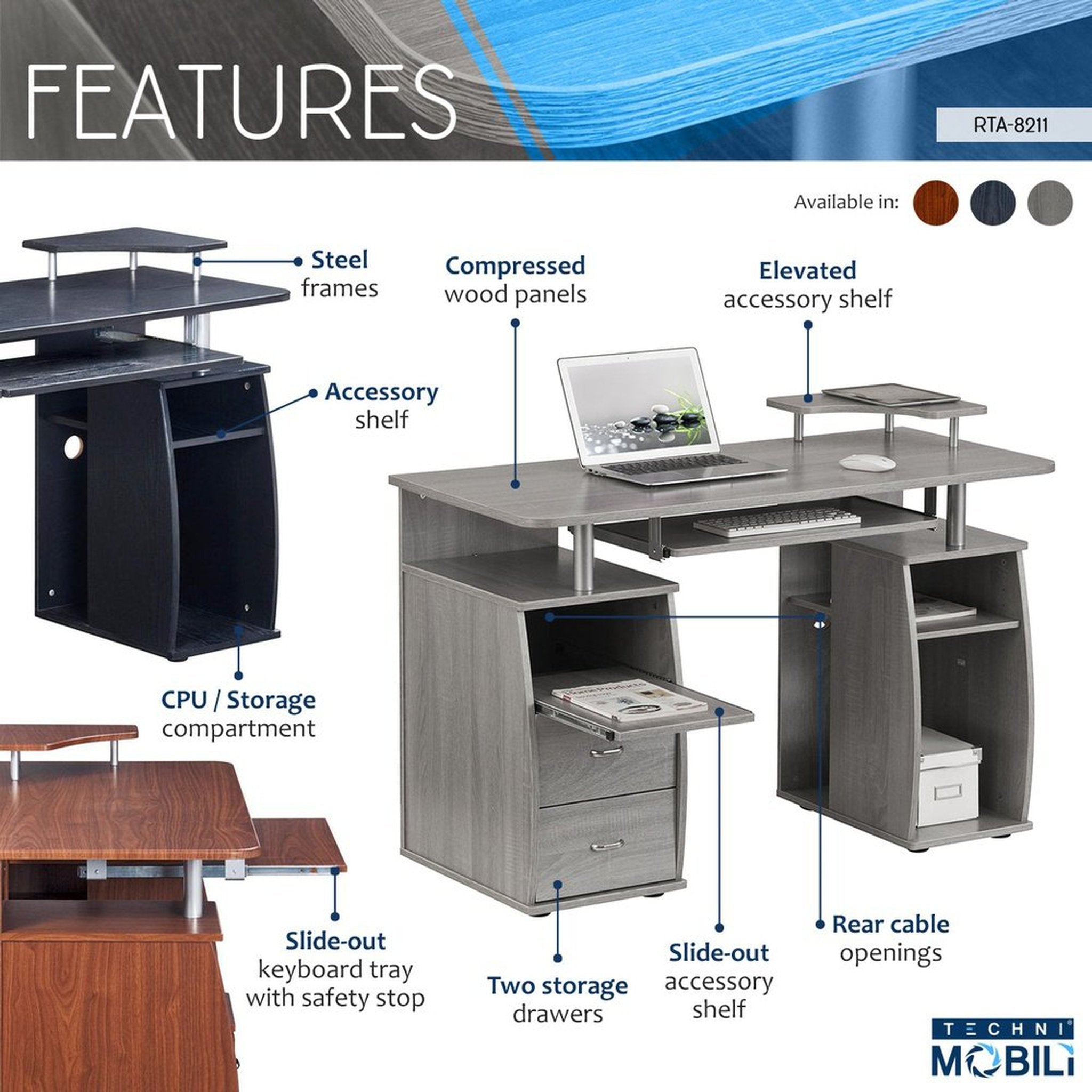 Techni Mobili Complete Computer Workstation Desk With Storage, Espresso Techni Mobili