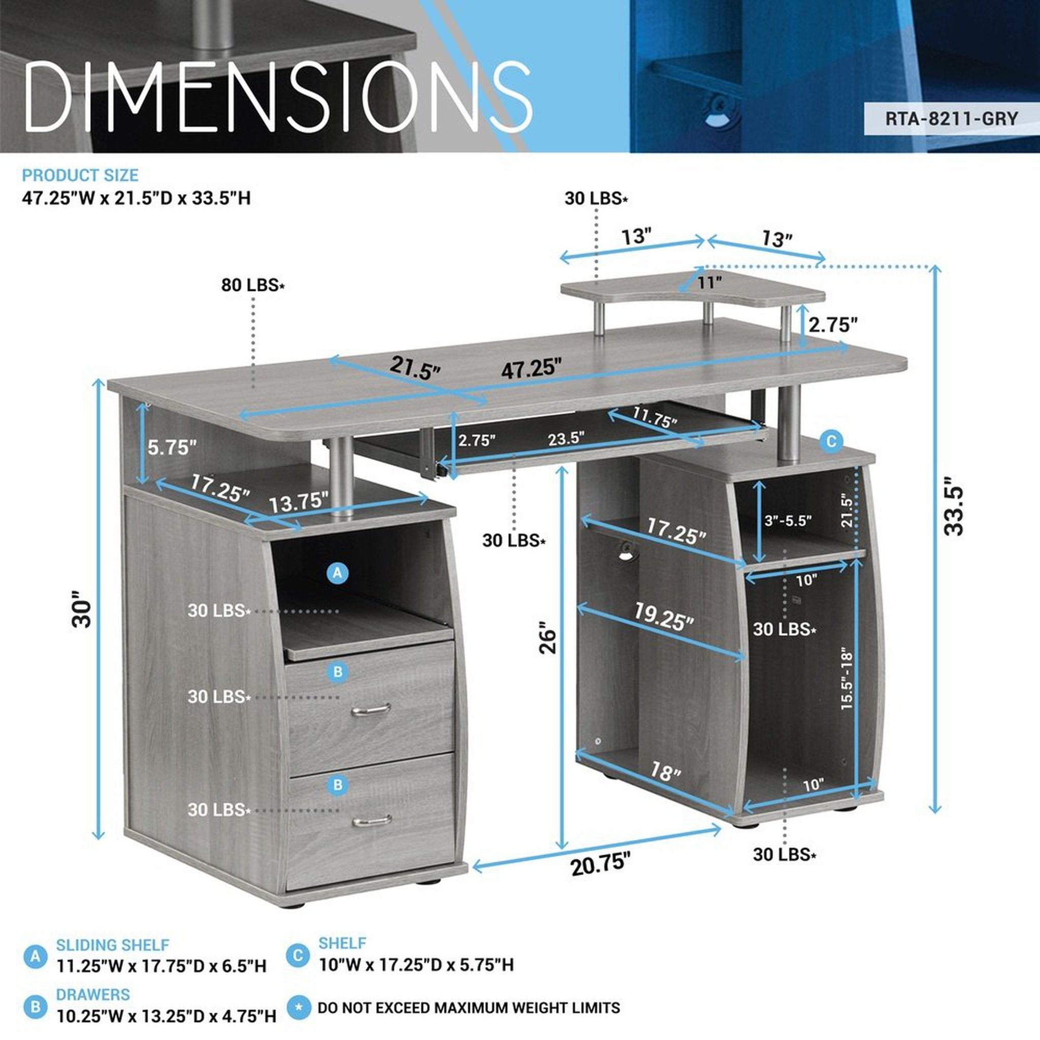 Techni Mobili Complete Computer Workstation Desk With Storage, Grey Techni Mobili