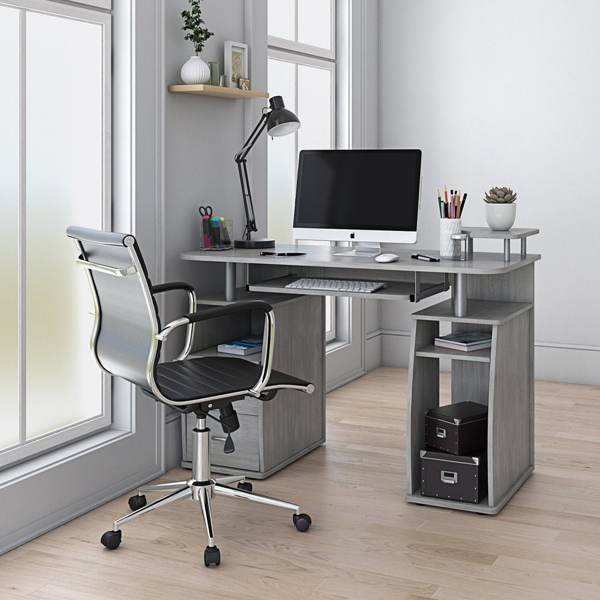 Techni Mobili Complete Computer Workstation Desk With Storage, Grey Techni Mobili