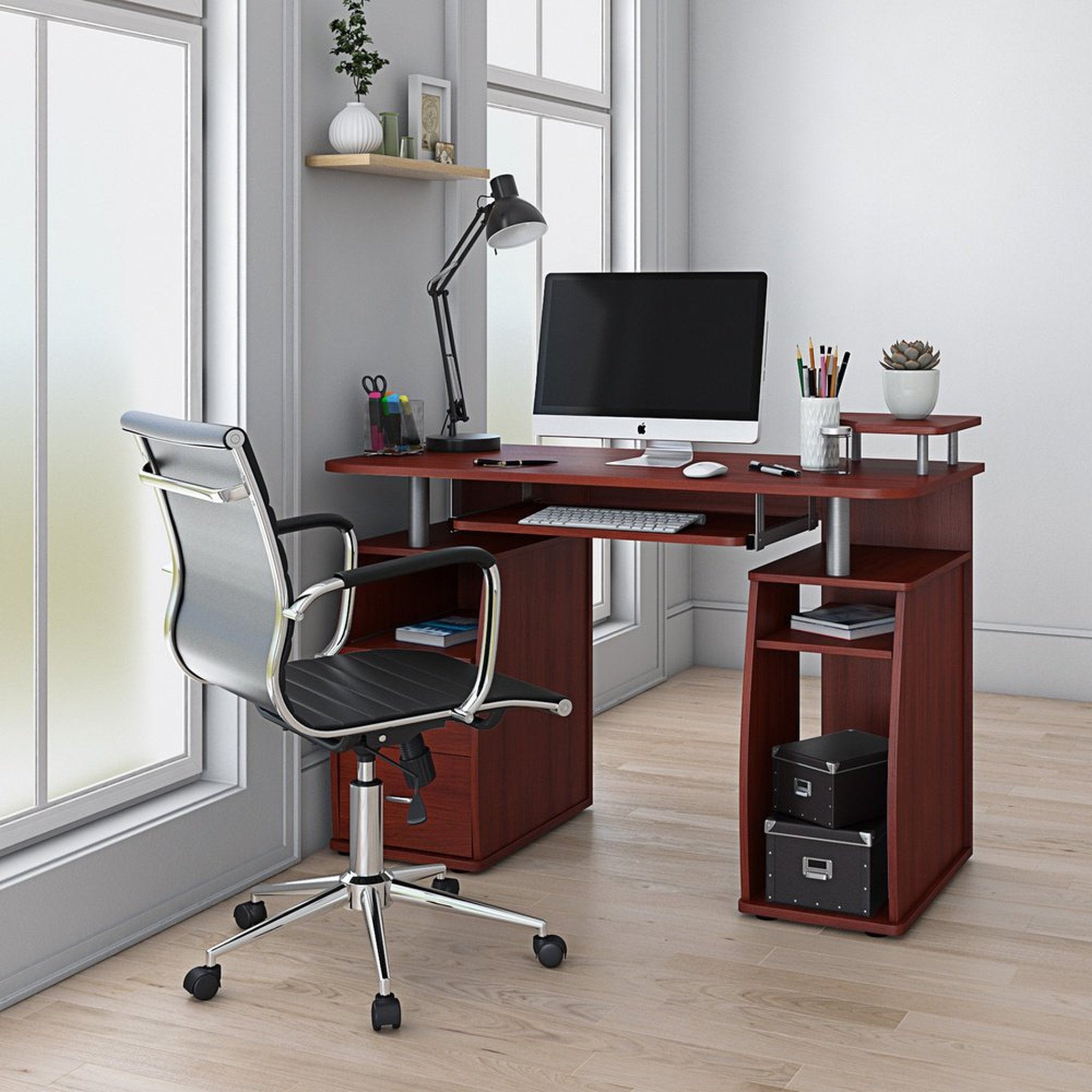 Techni Mobili Complete Computer Workstation Desk With Storage, Mahogany Techni Mobili
