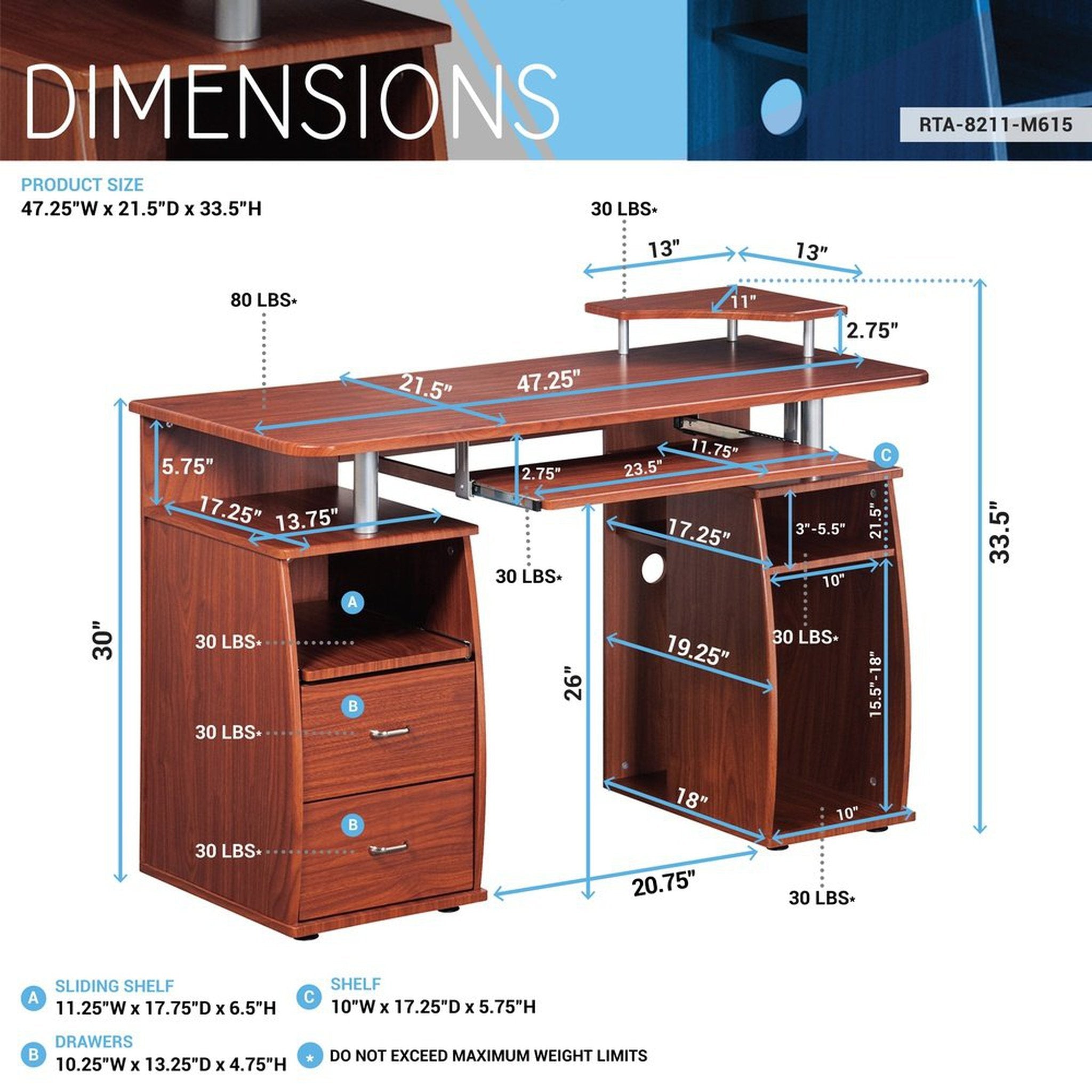Techni Mobili Complete Computer Workstation Desk With Storage, Mahogany Techni Mobili