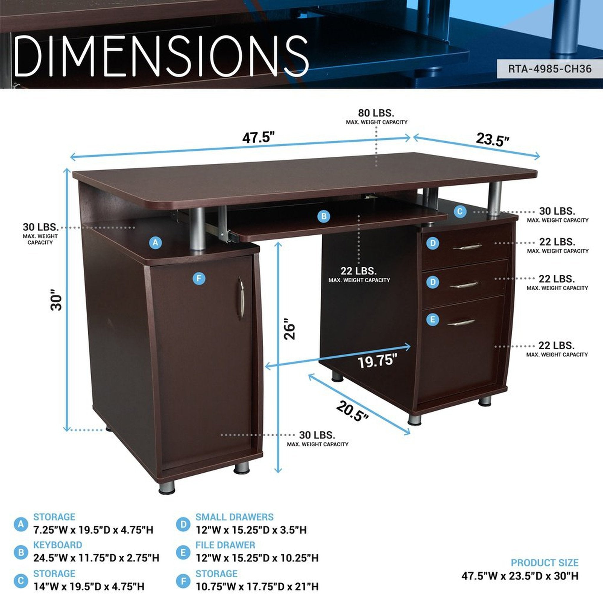 Techni Mobili Complete Workstation Computer Desk with Storage, Chocolate Techni Mobili