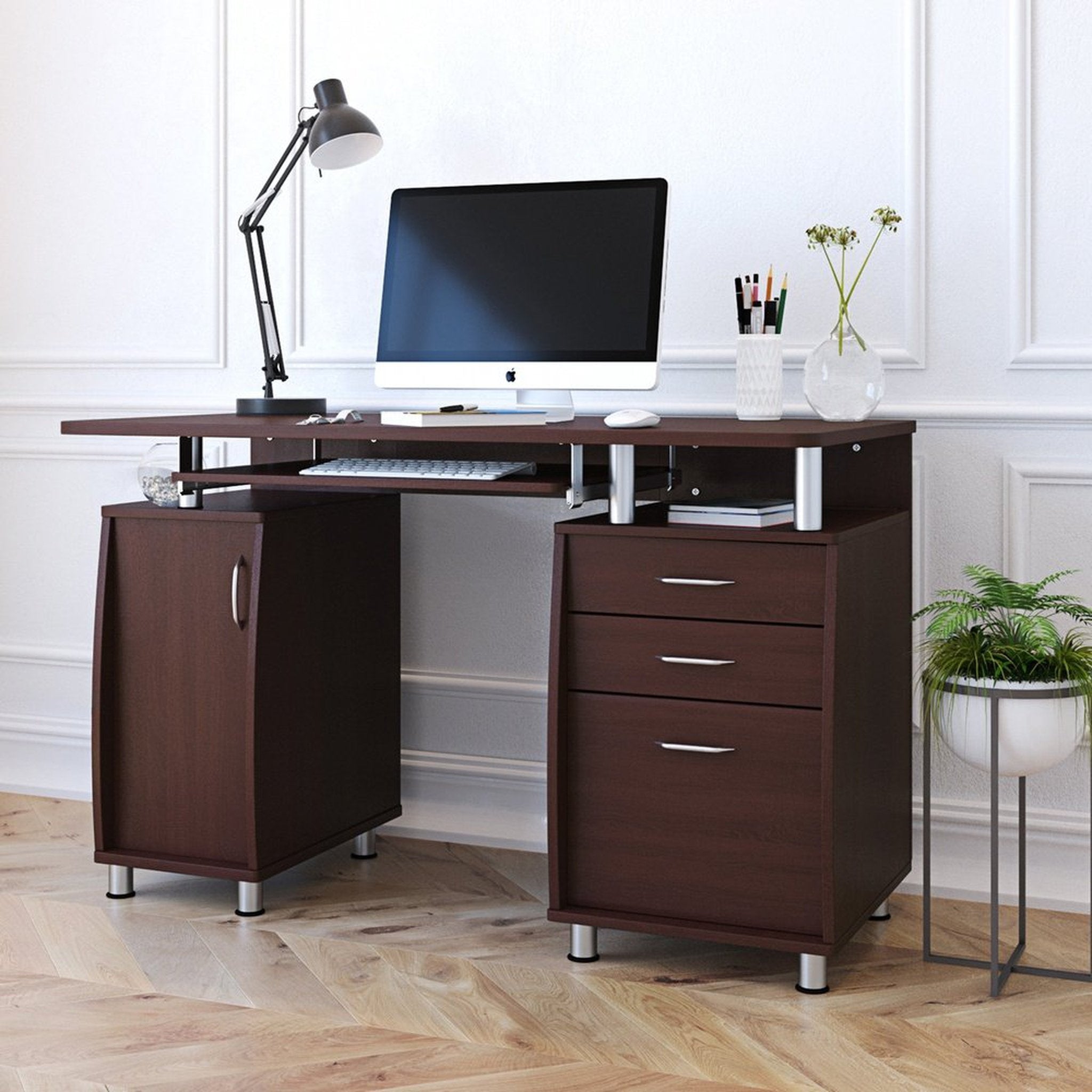 Techni Mobili Complete Workstation Computer Desk with Storage, Chocolate Techni Mobili
