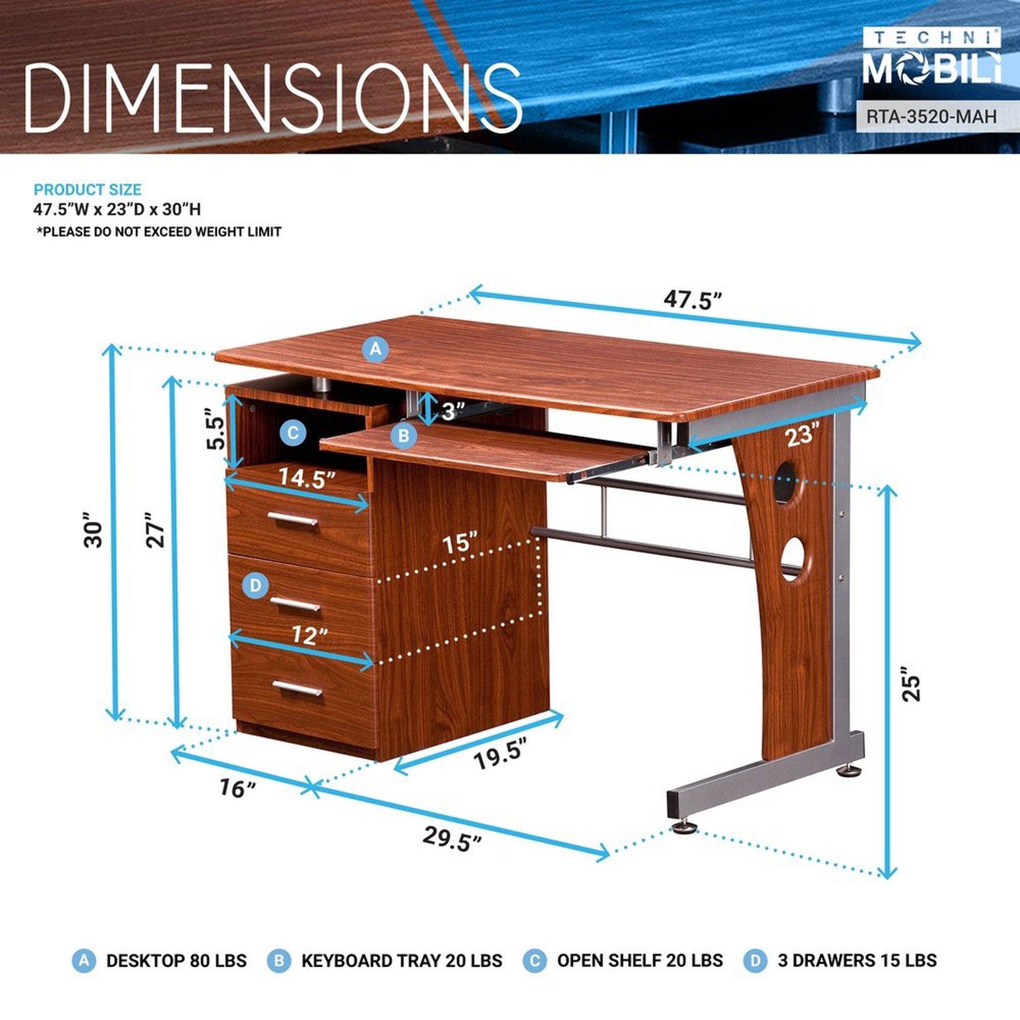 Techni Mobili Computer Desk with Ample Storage, Mahogany Techni Mobili