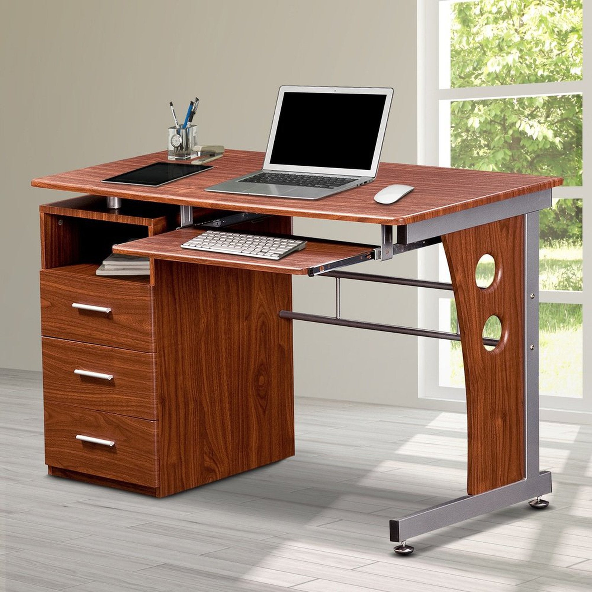 Techni Mobili Computer Desk with Ample Storage, Mahogany Techni Mobili