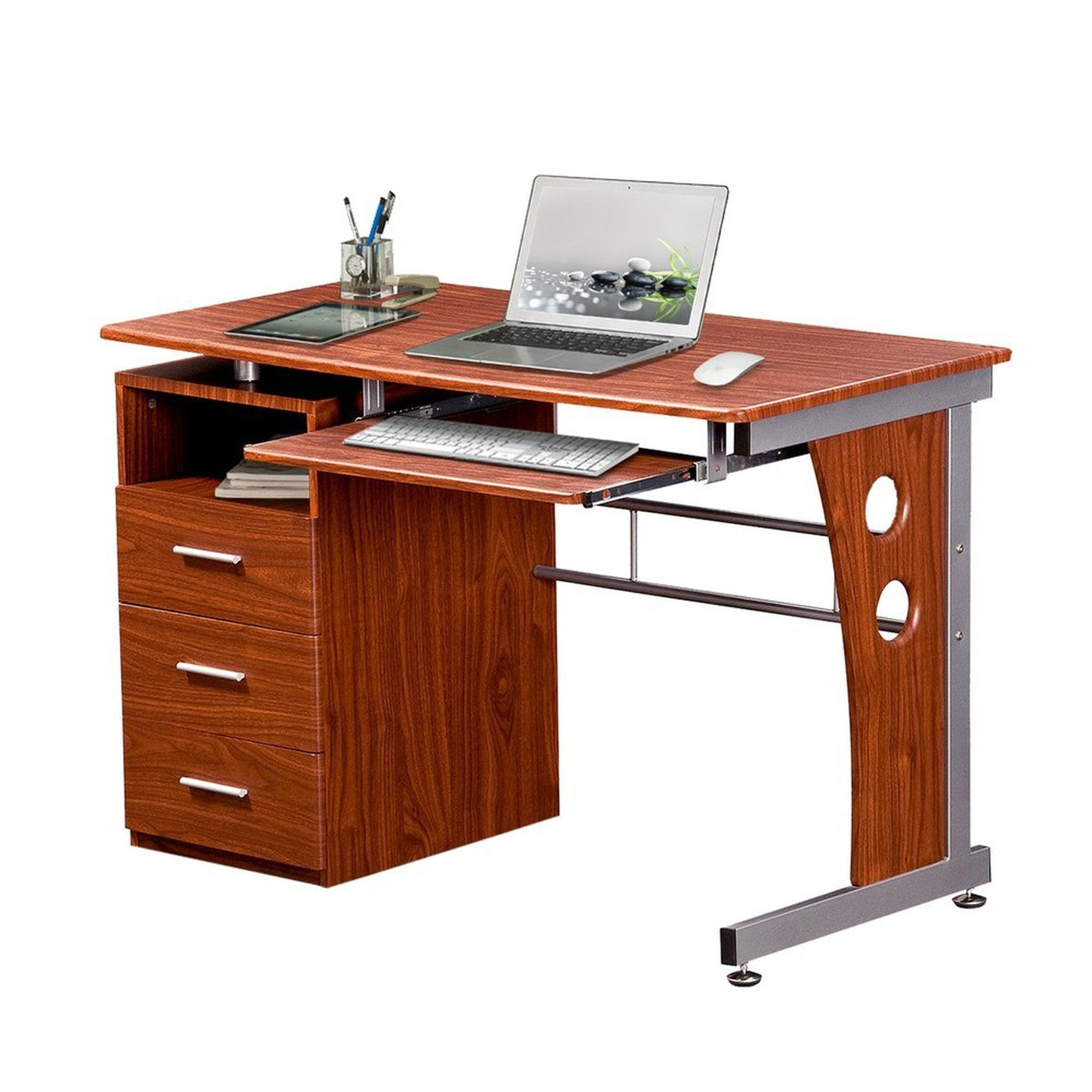 Techni Mobili Computer Desk with Ample Storage, Mahogany Techni Mobili