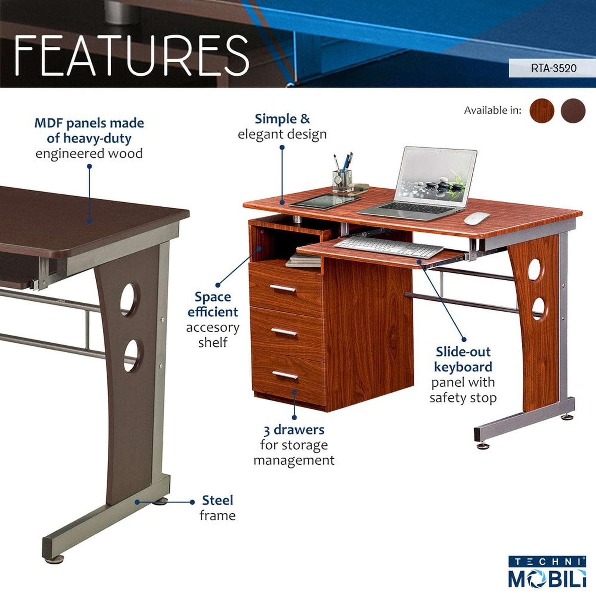 Techni Mobili Computer Desk with Ample Storage, Mahogany Techni Mobili