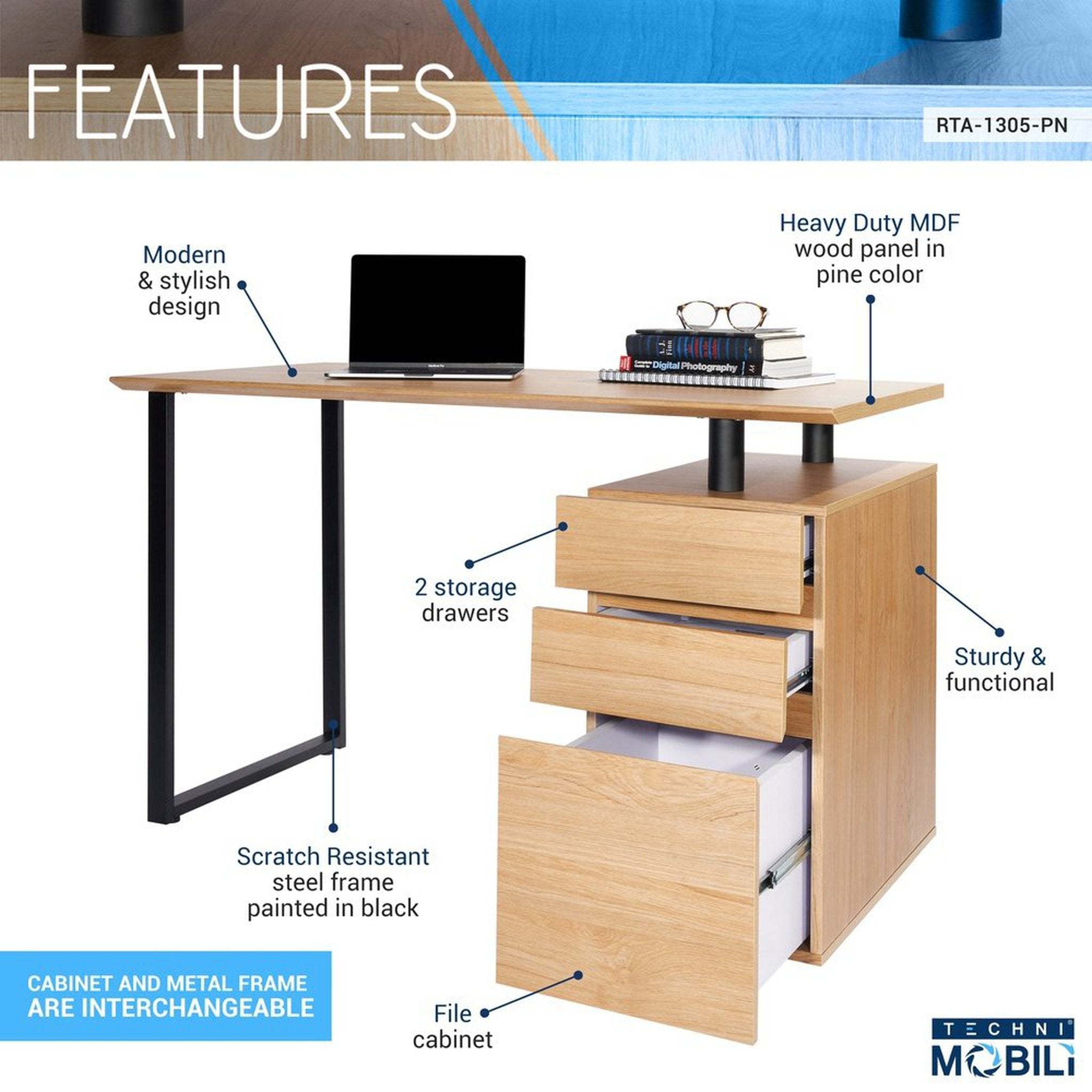 Techni Mobili Computer Desk with Storage and File Cabinet, Pine Techni Mobili
