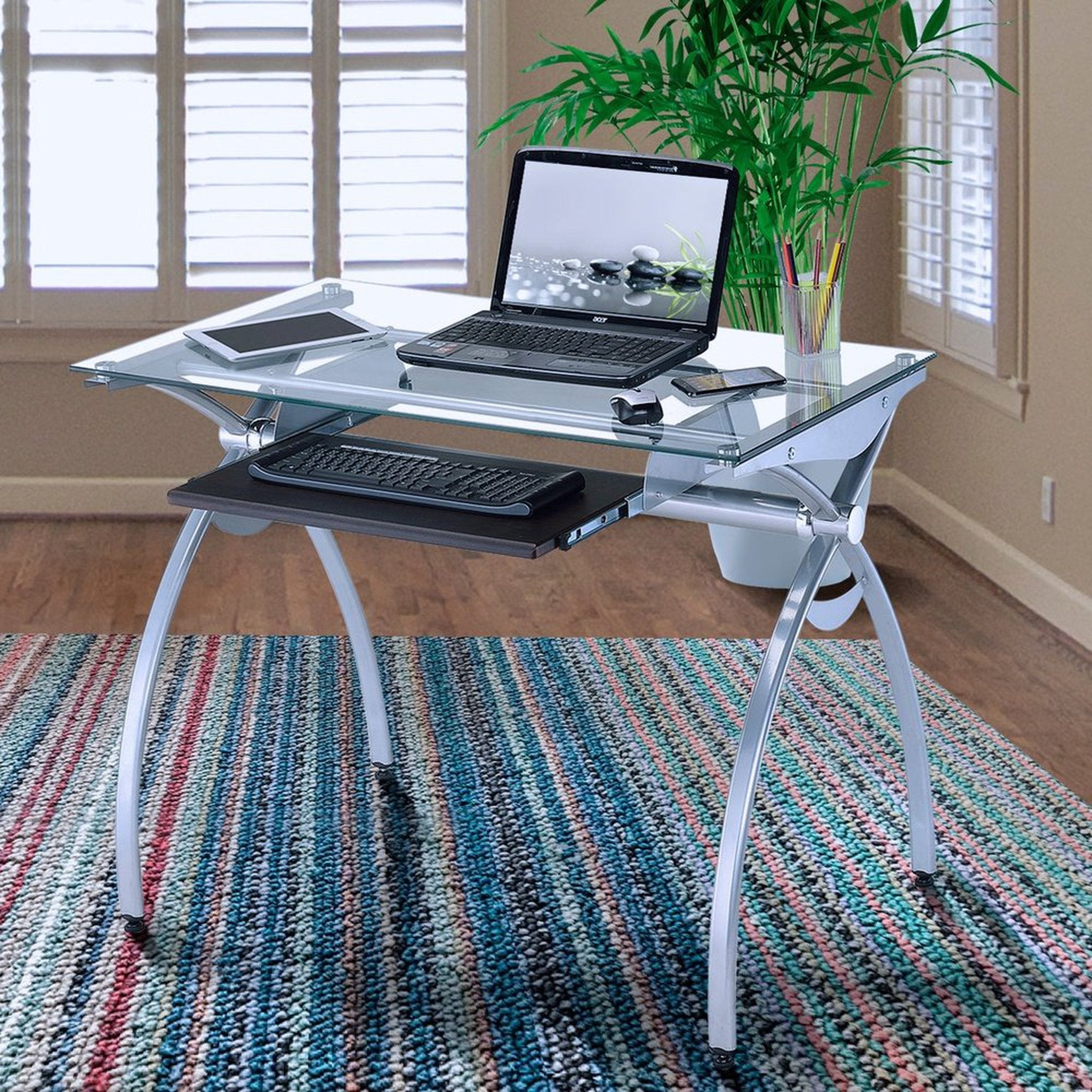 Techni Mobili Contempo Clear Glass Top Computer Desk with Pull Out Keyboard Panel, Clear Techni Mobili