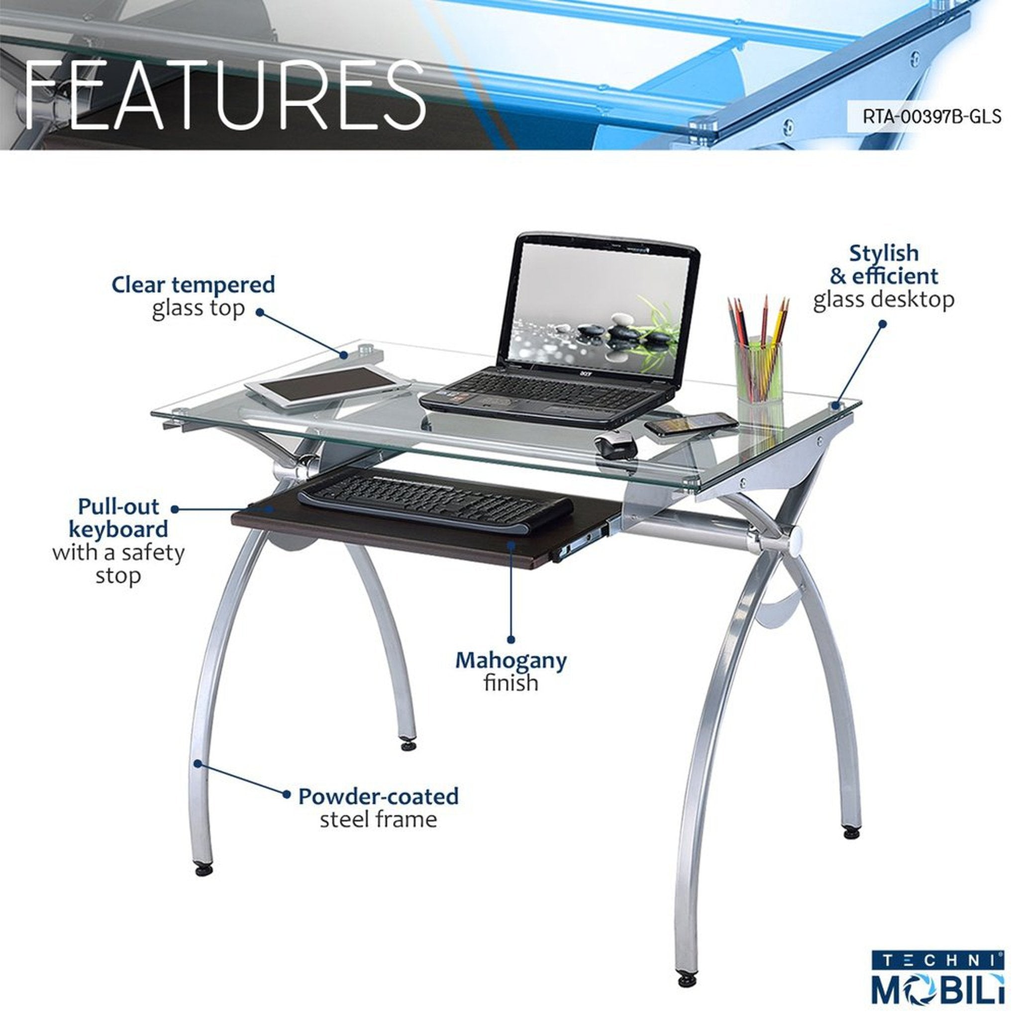 Techni Mobili Contempo Clear Glass Top Computer Desk with Pull Out Keyboard Panel, Clear Techni Mobili