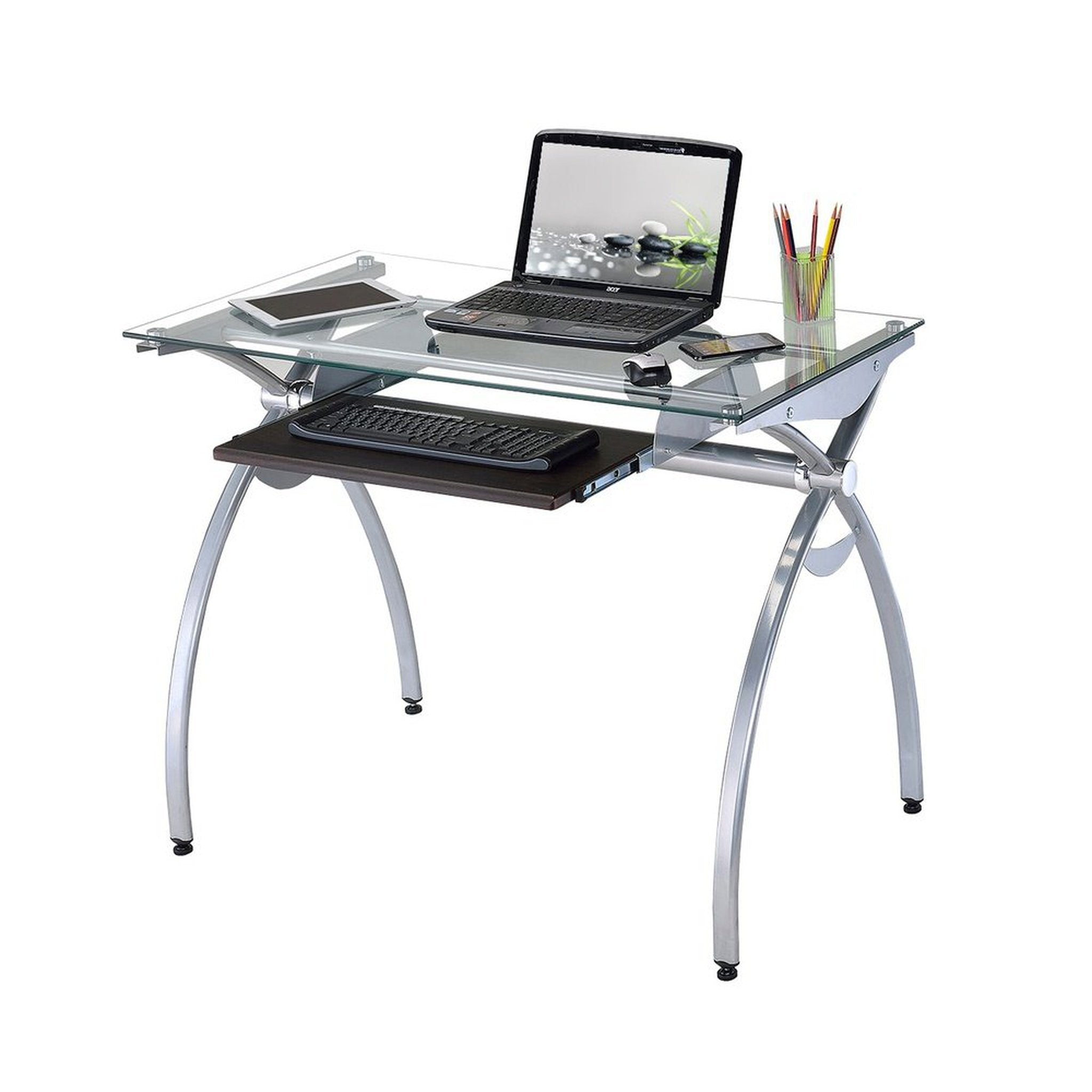 Techni Mobili Contempo Clear Glass Top Computer Desk with Pull Out Keyboard Panel, Clear Techni Mobili