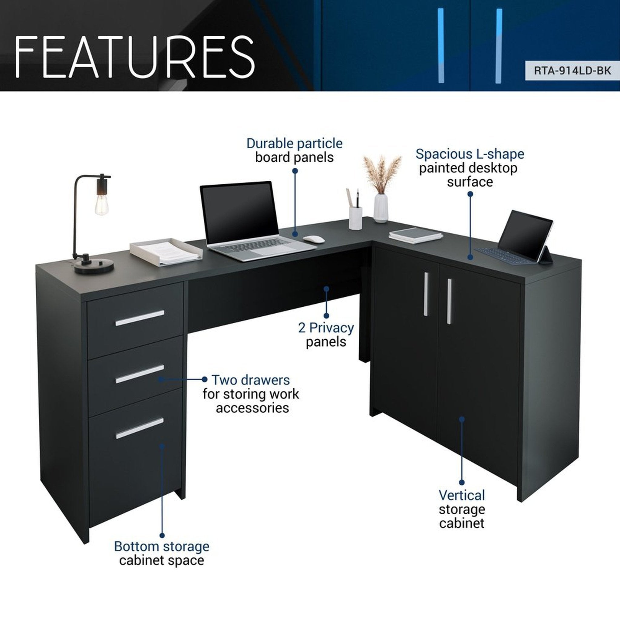 Techni Mobili Corner L-Shape Desk with Storage, Black Techni Mobili