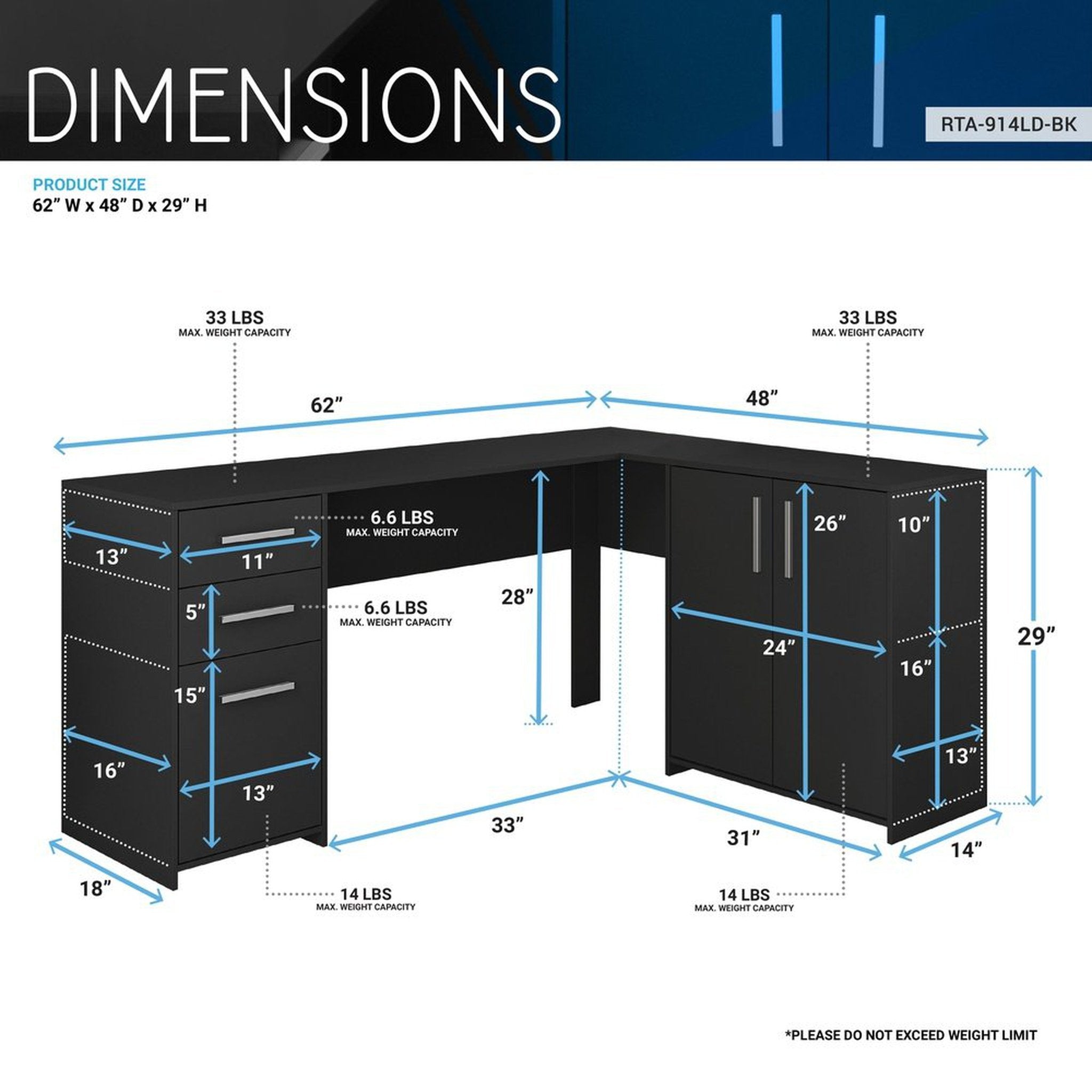 Techni Mobili Corner L-Shape Desk with Storage, Black Techni Mobili