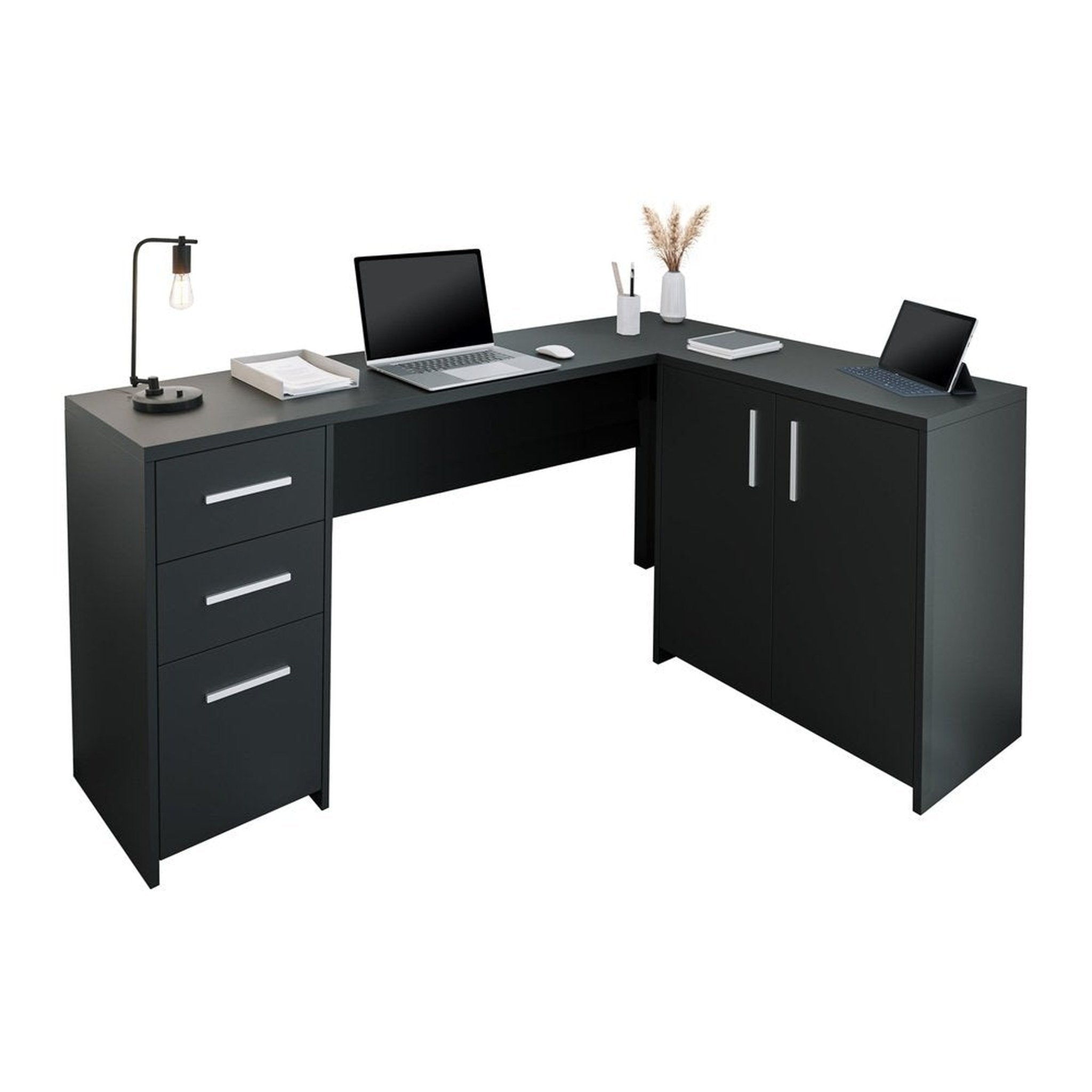 Techni Mobili Corner L-Shape Desk with Storage, Black Techni Mobili
