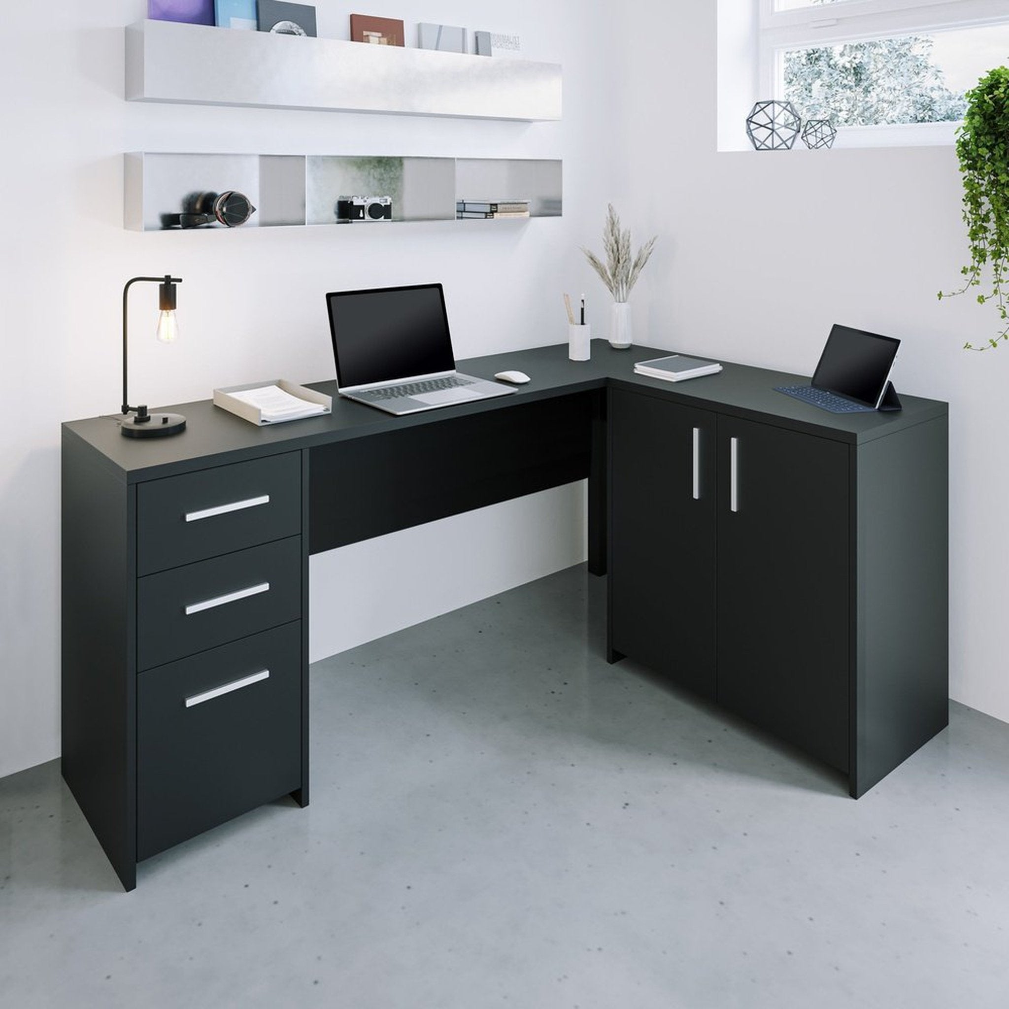 Techni Mobili Corner L-Shape Desk with Storage, Black Techni Mobili