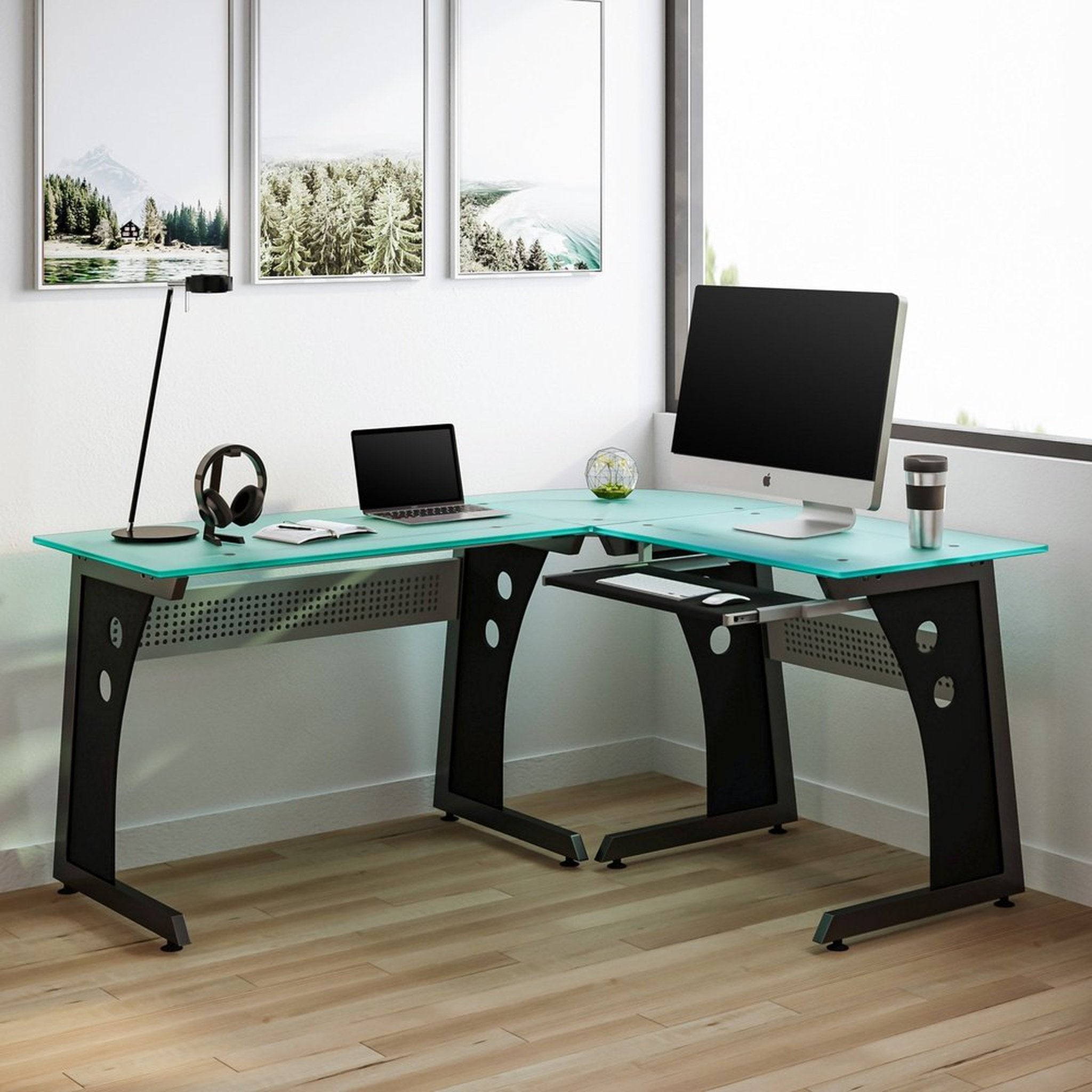 Techni Mobili Deluxe L-Shaped Tempered Frosted Glass Top Computer Desk with Pull Out Keyboard Panel, Graphite Techni Mobili