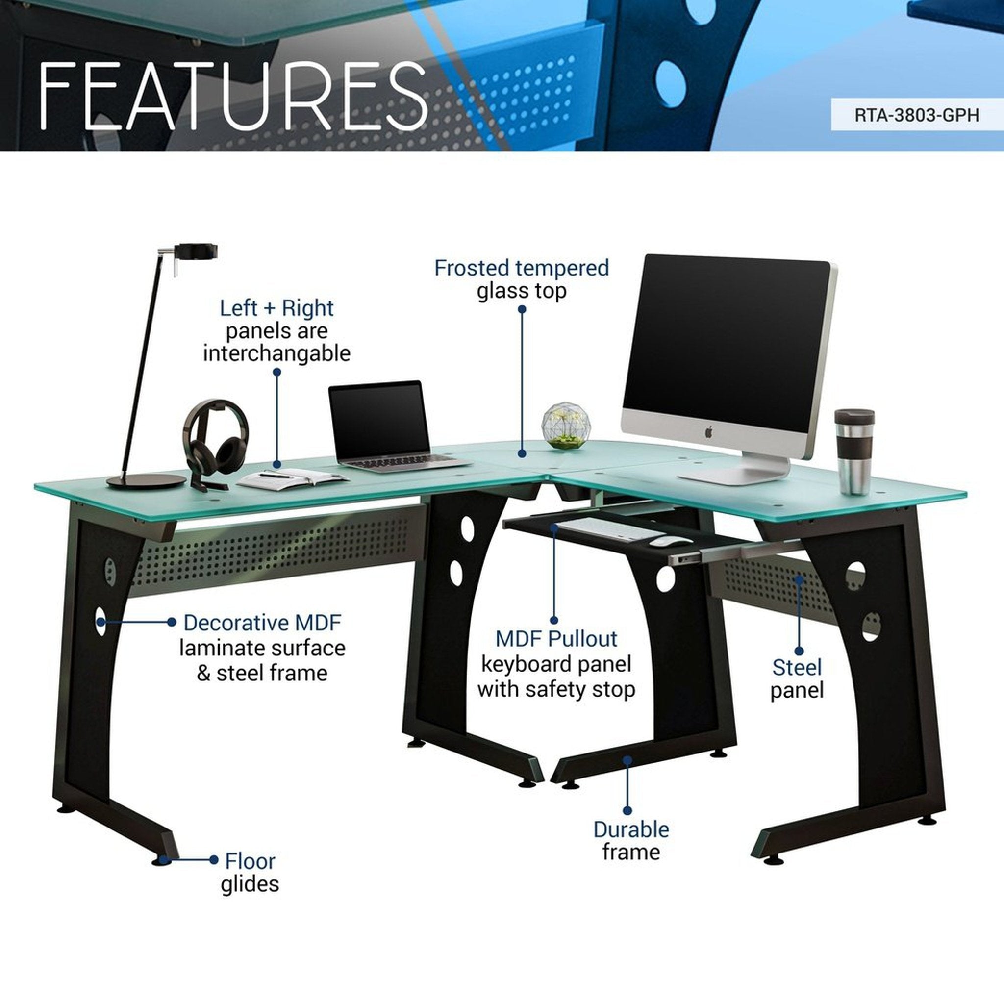 Techni Mobili Deluxe L-Shaped Tempered Frosted Glass Top Computer Desk with Pull Out Keyboard Panel, Graphite Techni Mobili