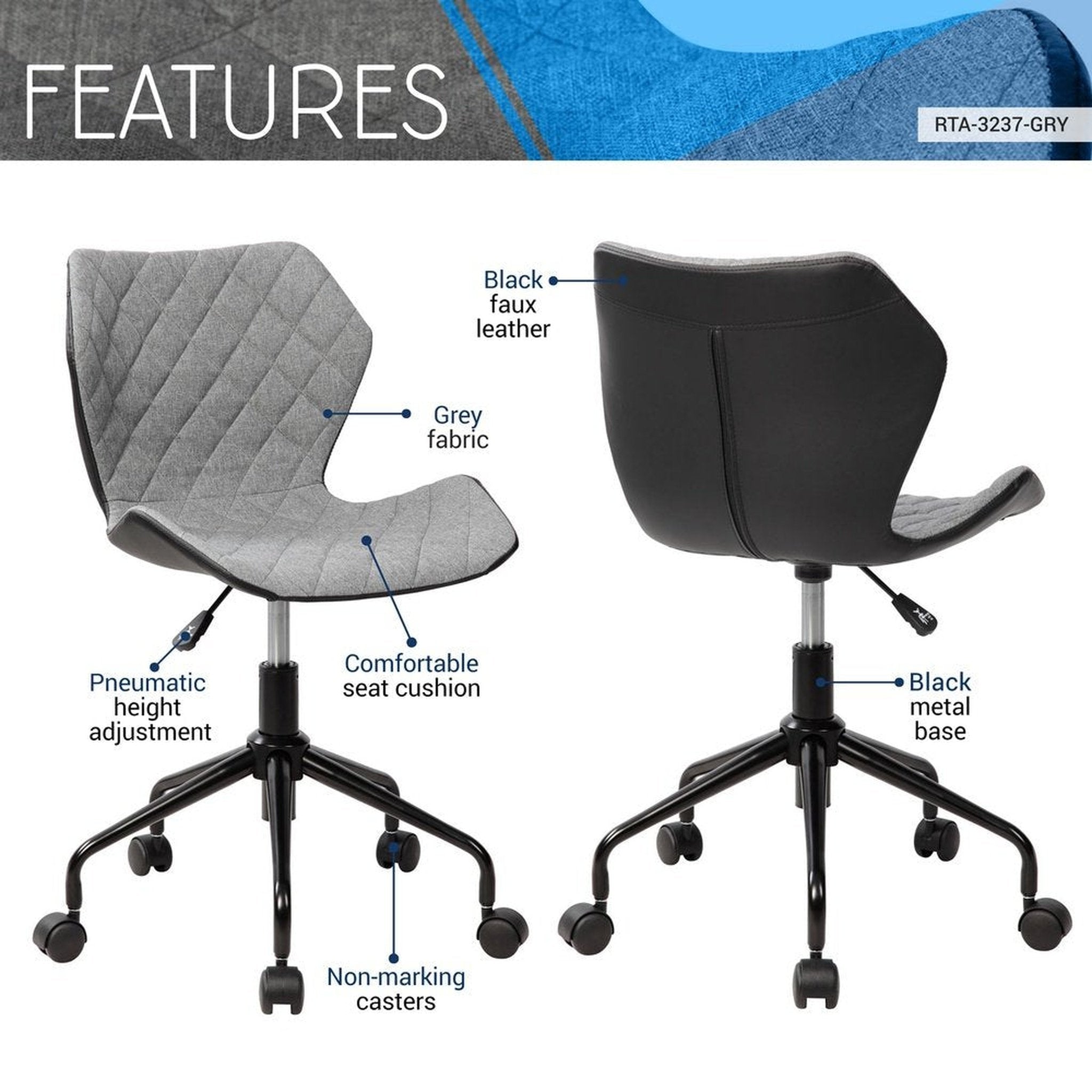 Techni Mobili Deluxe Modern Office Armless Task Chair, Grey Techni Mobili Chairs