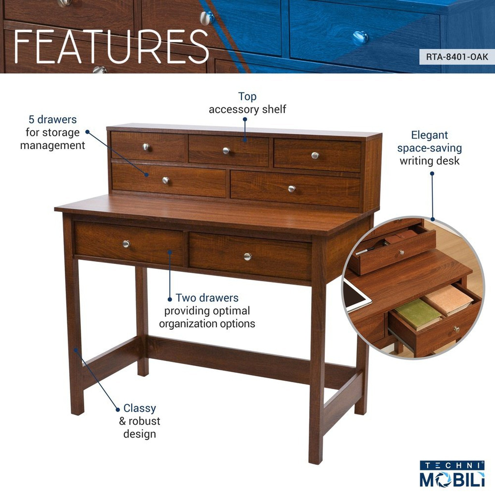 Techni Mobili Elegant Writing Desk with Storage and Hutch, Oak Techni Mobili