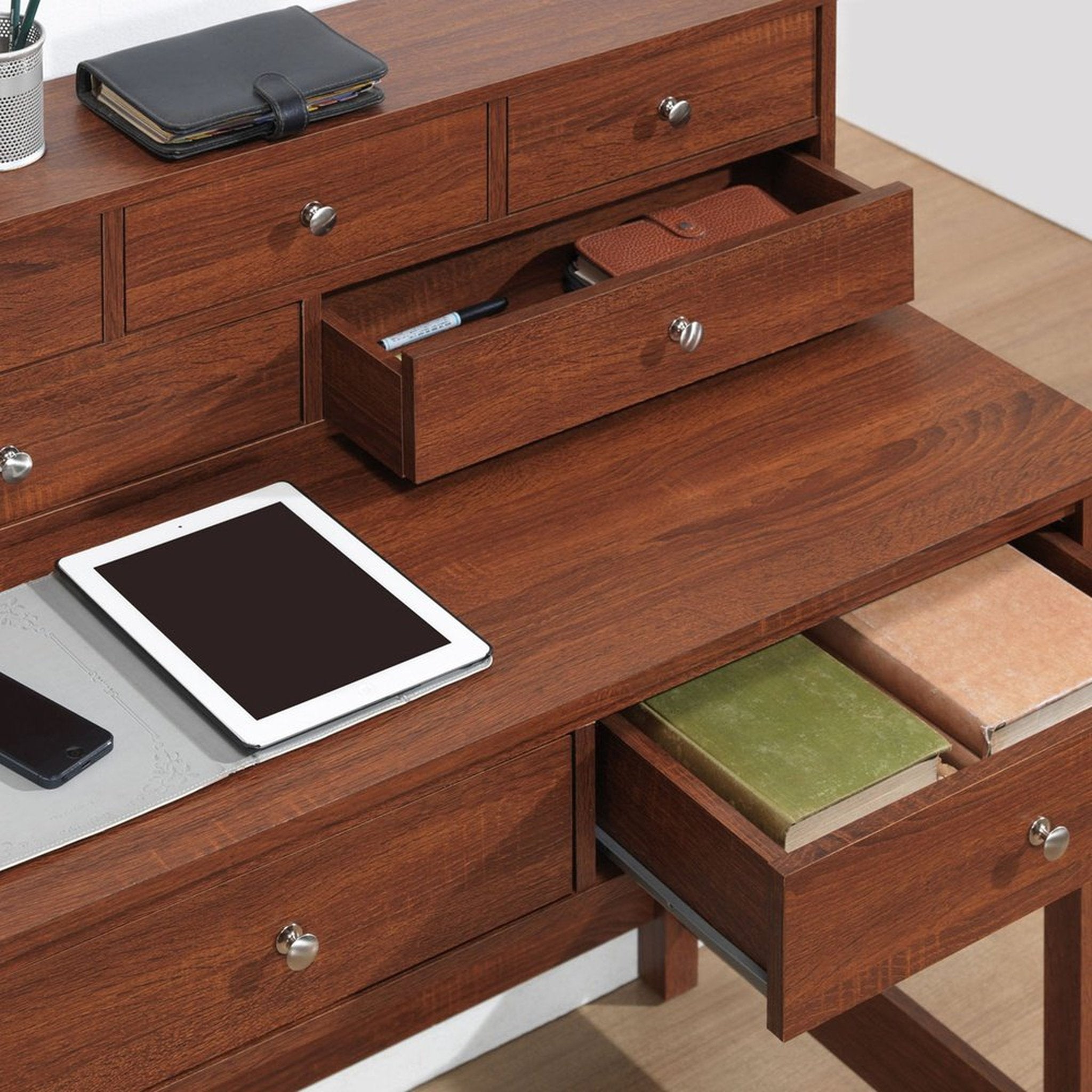 Techni Mobili Elegant Writing Desk with Storage and Hutch, Oak Techni Mobili
