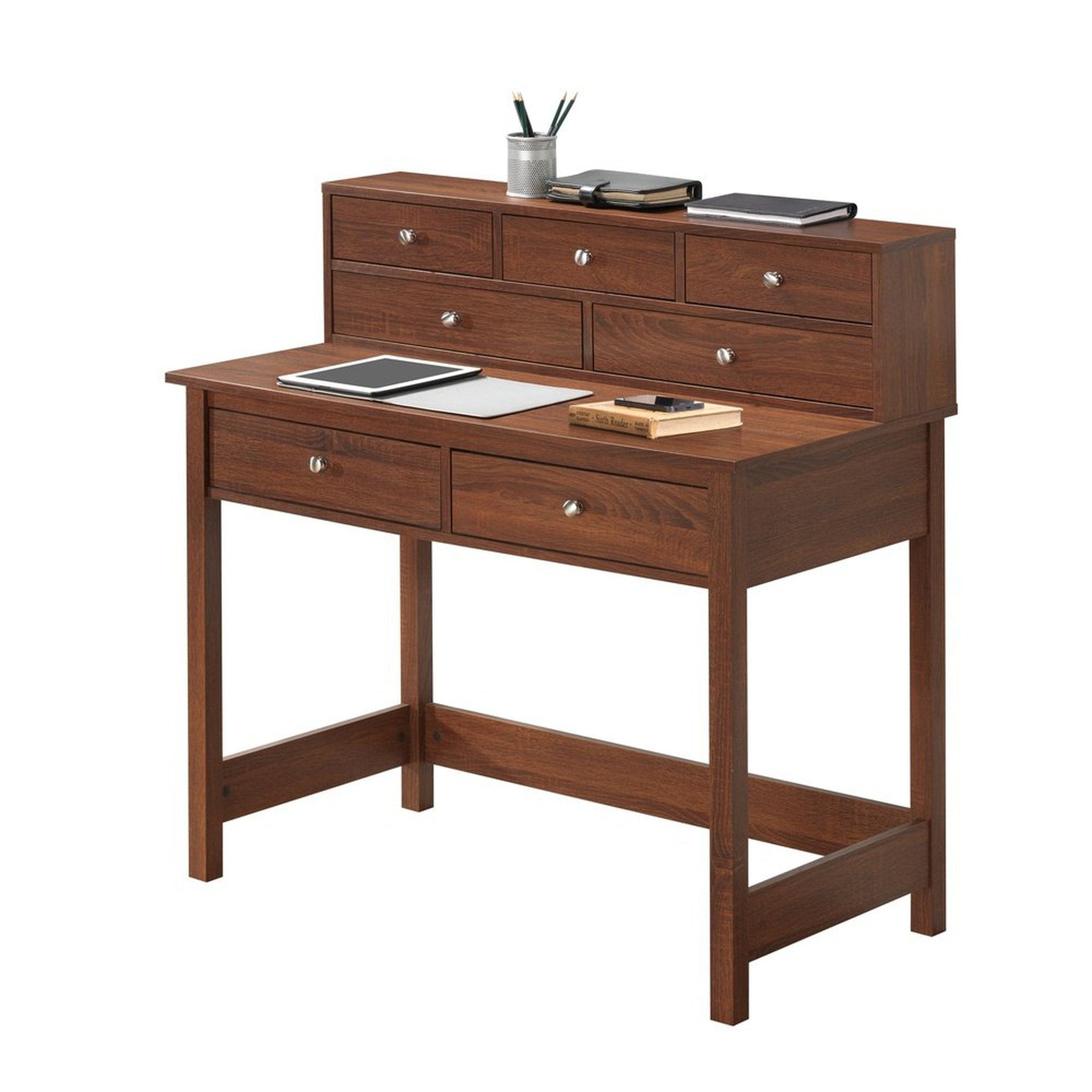 Techni Mobili Elegant Writing Desk with Storage and Hutch, Oak Techni Mobili