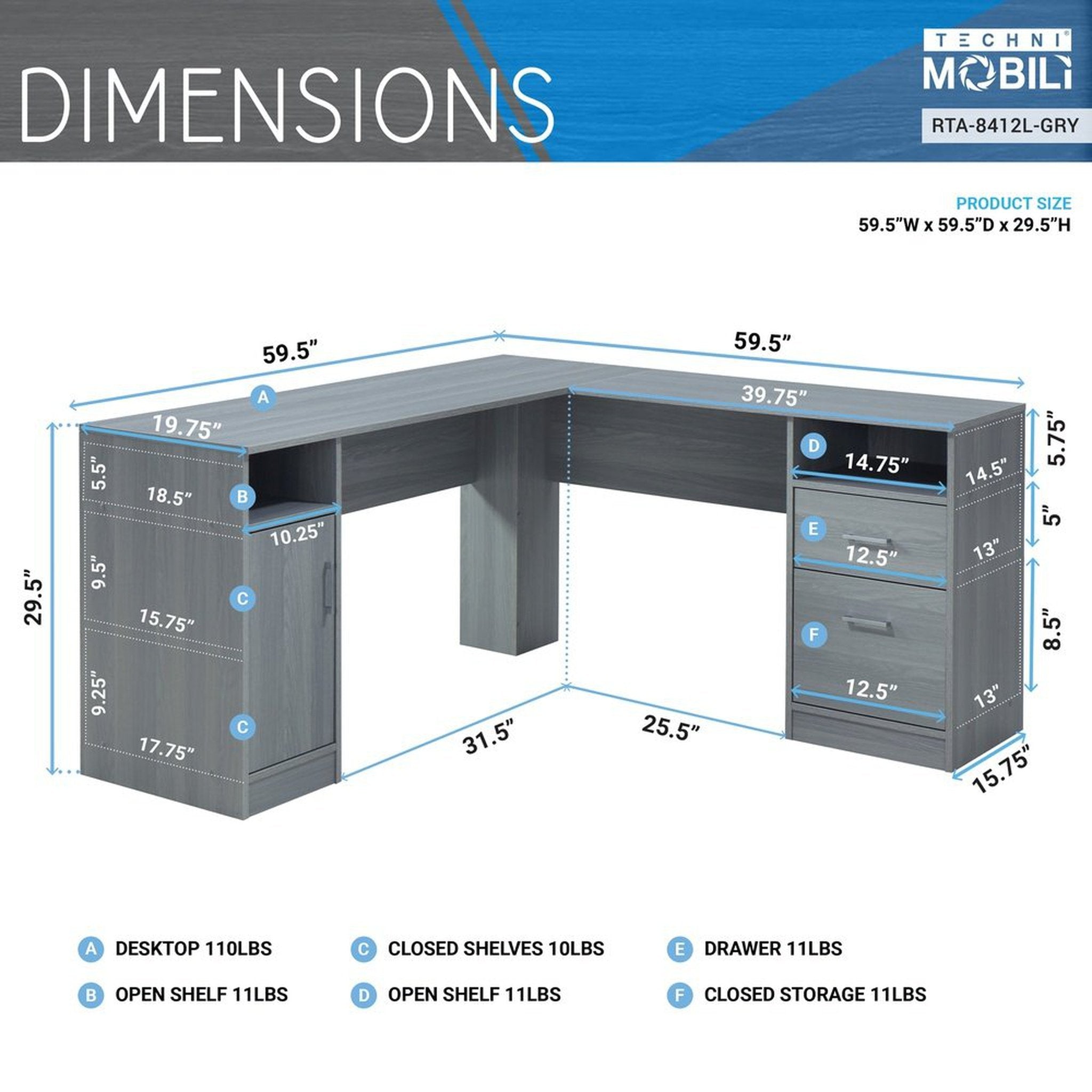 Techni Mobili Functional L-Shape Desk with Storage, Grey Techni Mobili