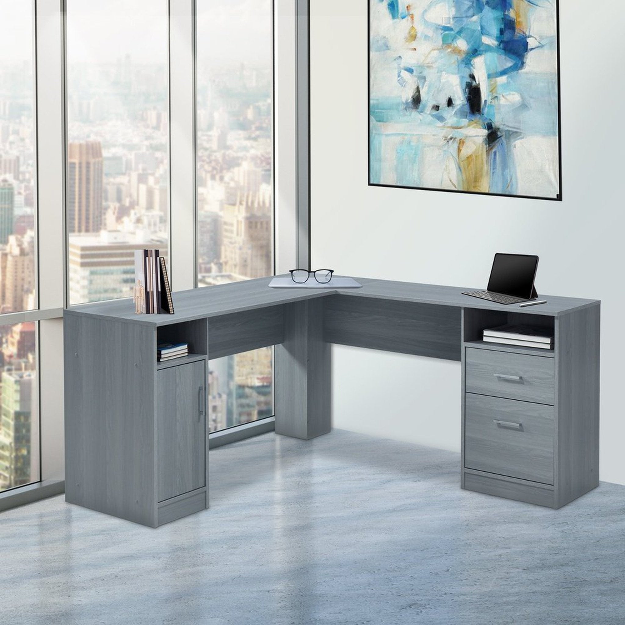 Techni Mobili Functional L-Shape Desk with Storage, Grey Techni Mobili