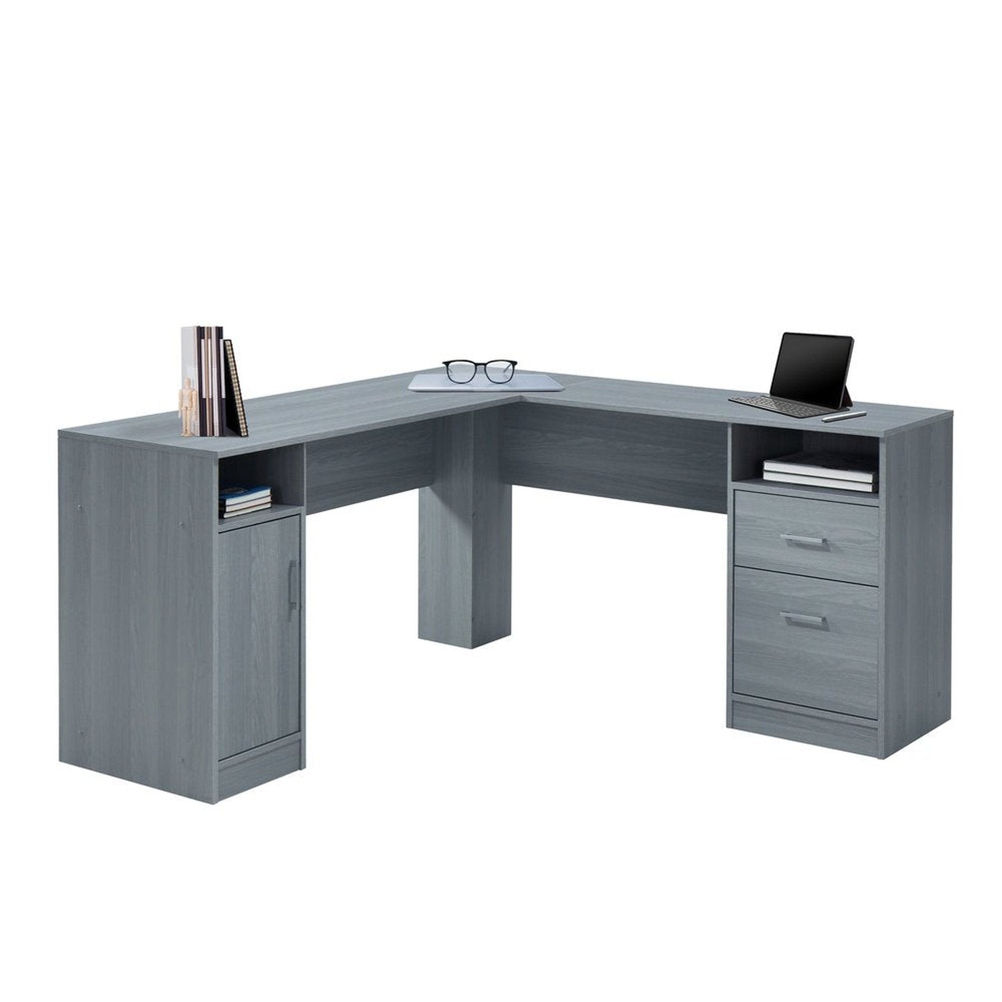 Techni Mobili Functional L-Shape Desk with Storage, Grey Techni Mobili