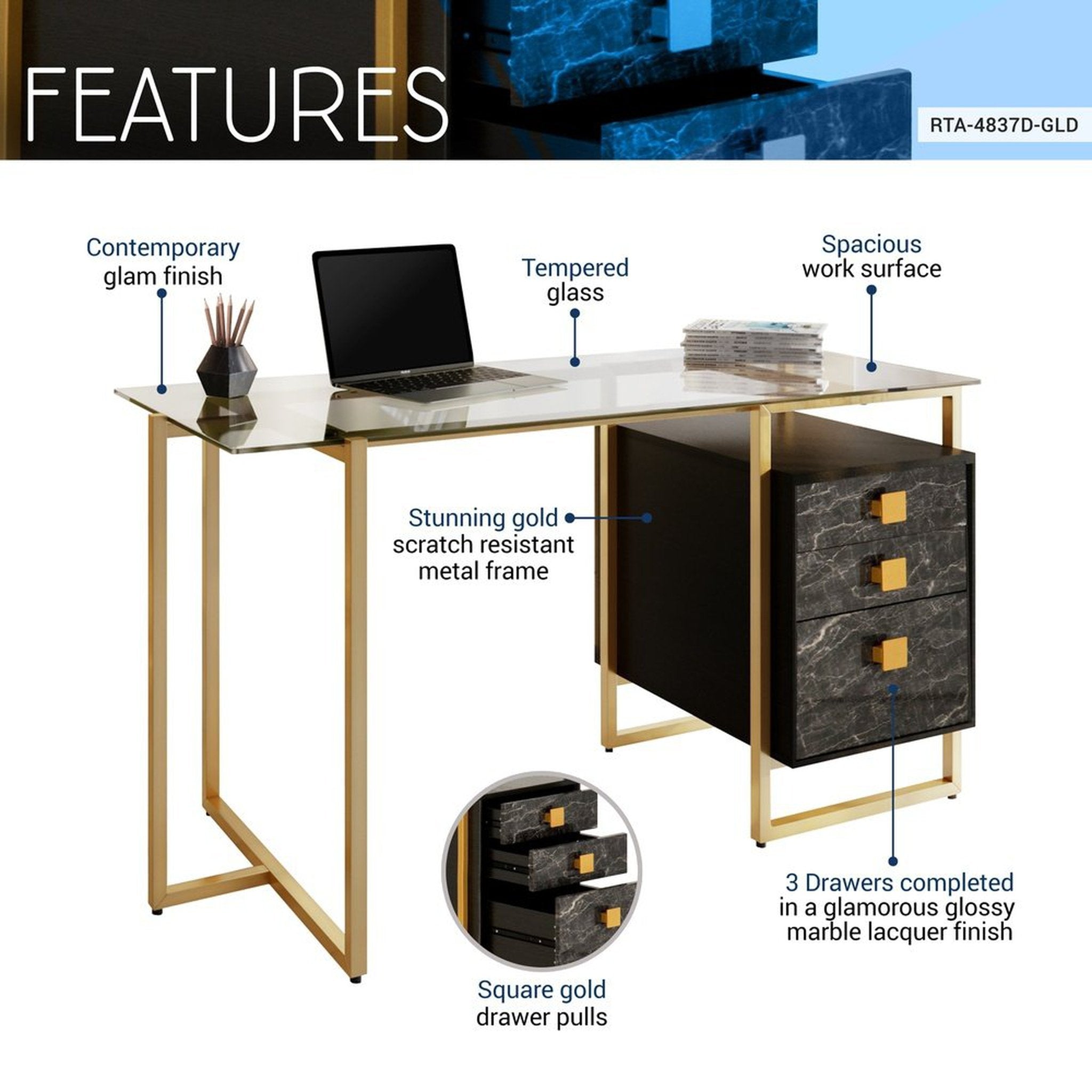 Techni Mobili Gold Computer Desk with Storage Techni Mobili