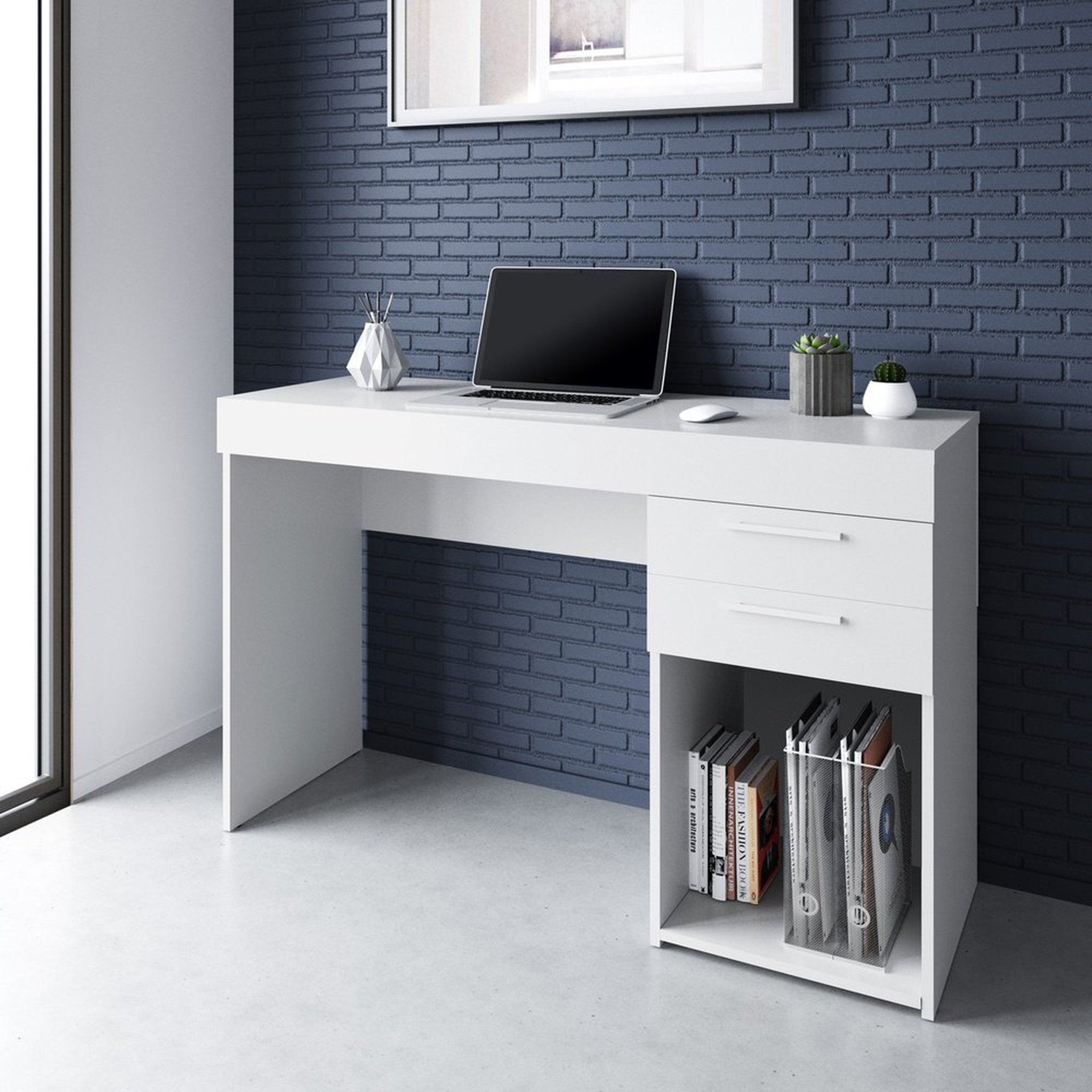 Techni Mobili Home Office Workstation with Storage, White Techni Mobili Desks