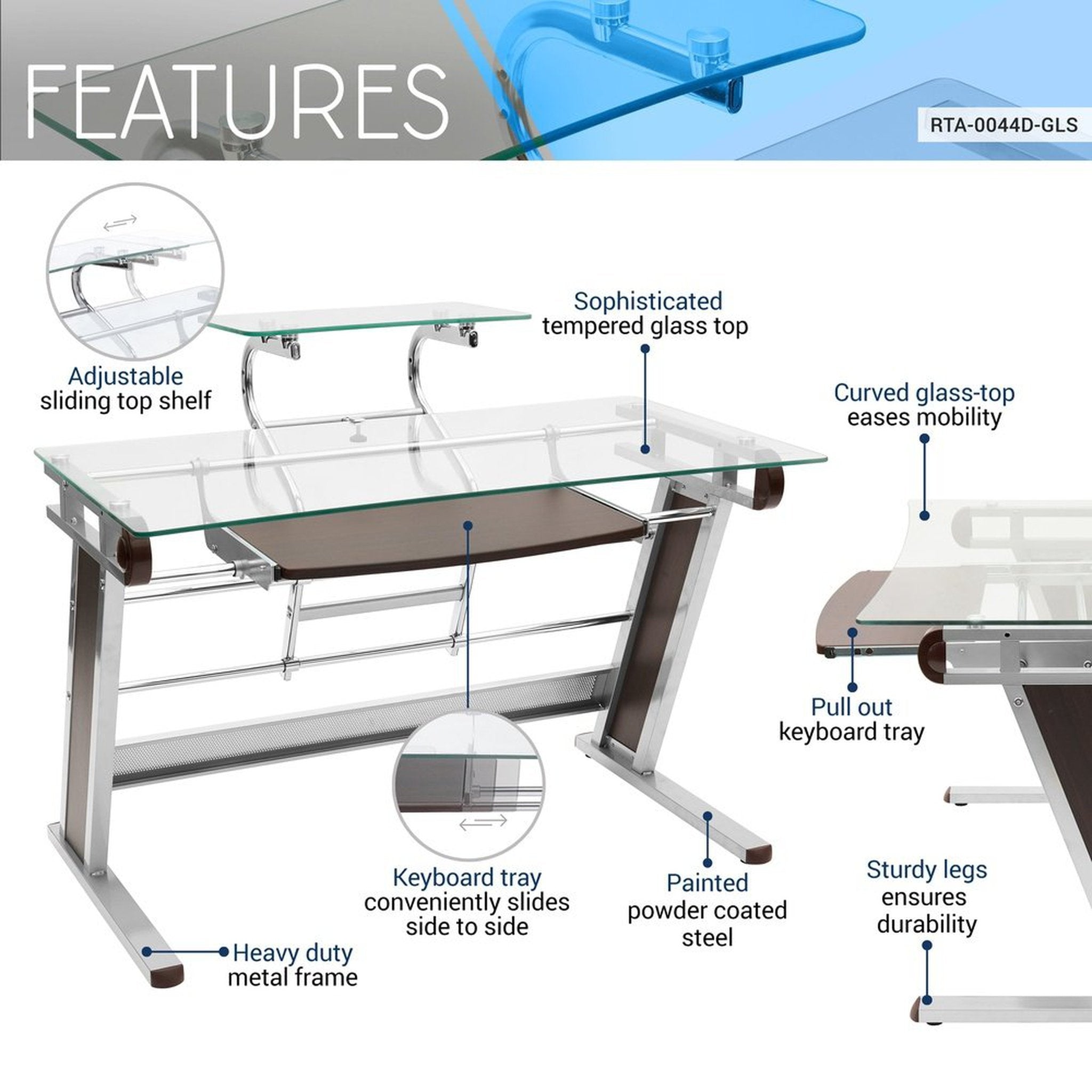 Techni Mobili Home Office Workstation with Sturdy Chrome Base, Glass Techni Mobili Desks