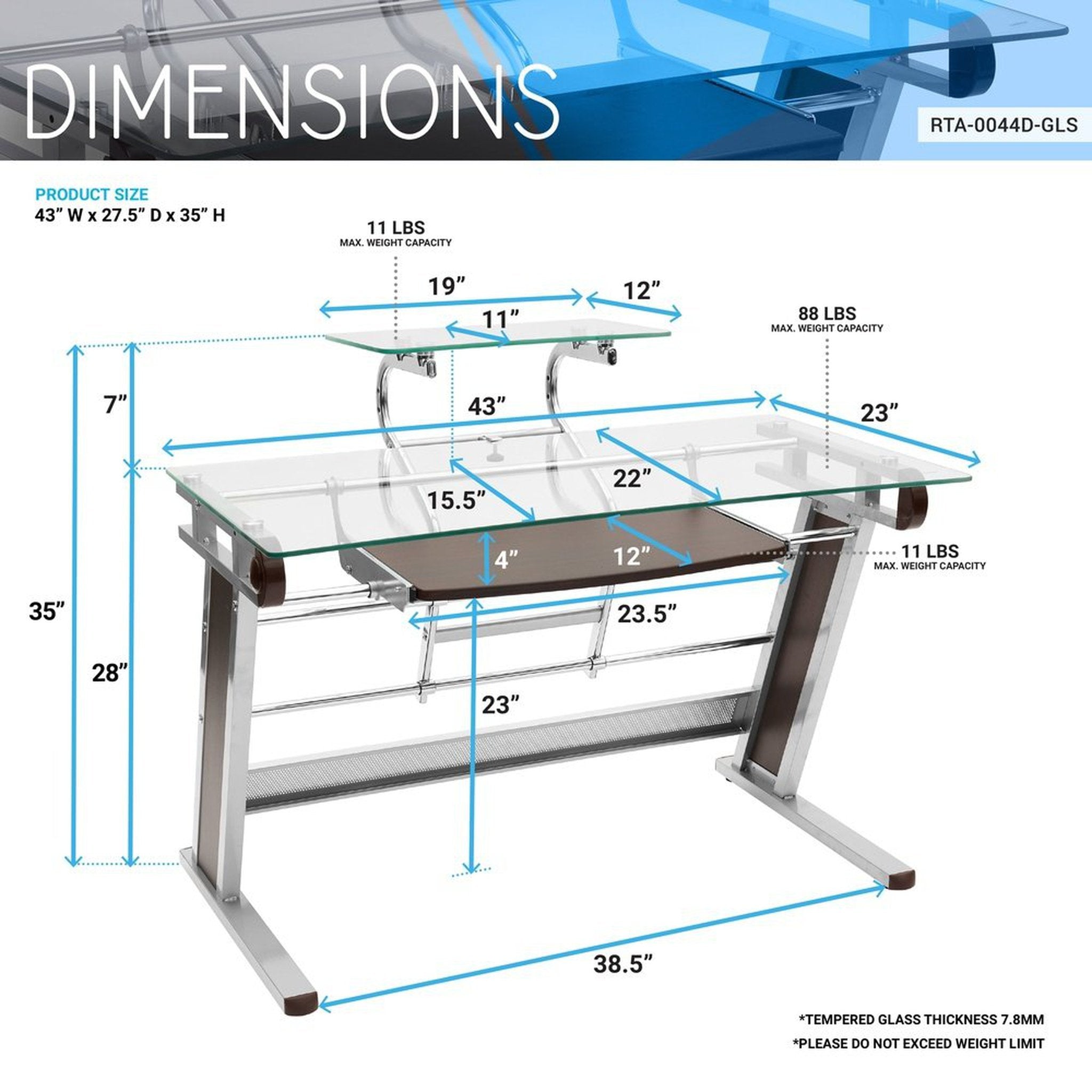 Techni Mobili Home Office Workstation with Sturdy Chrome Base, Glass Techni Mobili Desks