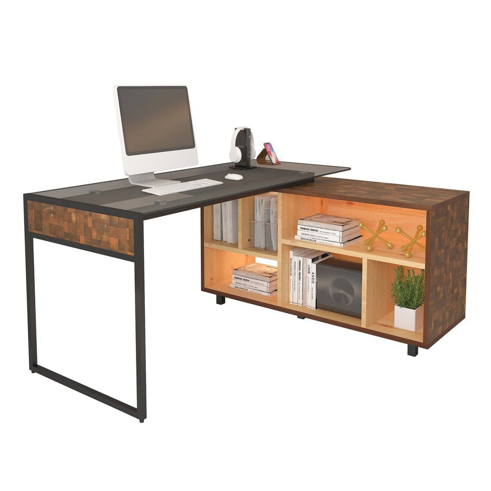 Techni Mobili L-Shape Corner Desk with Multiple Storage, Oak Techni Mobili Desks