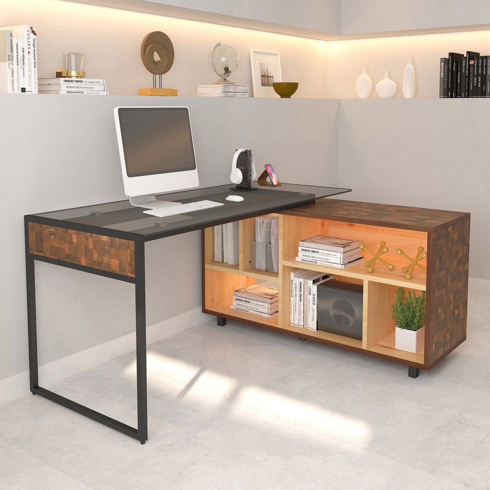 Techni Mobili L-Shape Corner Desk with Multiple Storage, Oak Techni Mobili Desks
