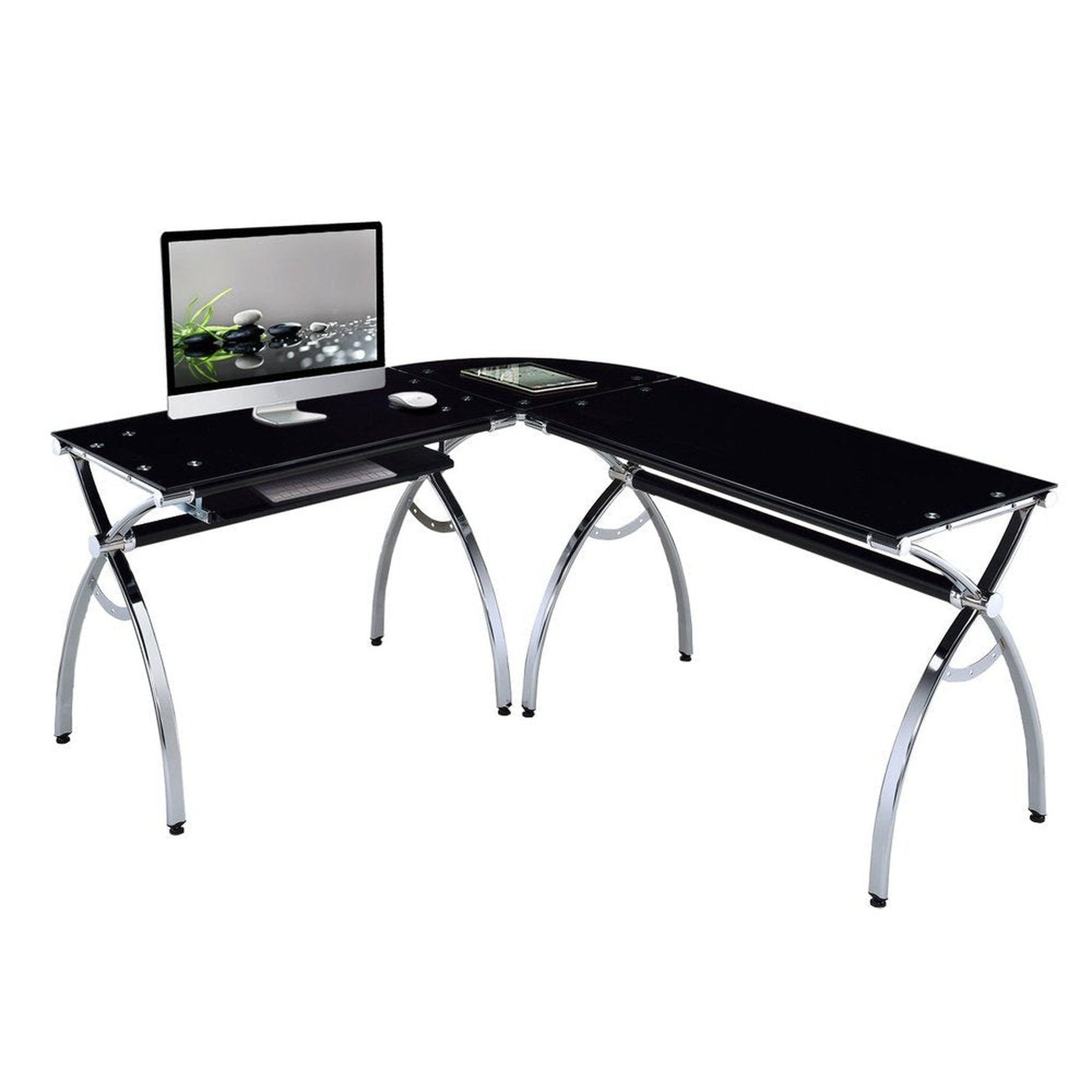 Techni Mobili L-Shaped Colored Tempered Glass Top Corner Desk with Pull Out Keyboard Tray, Black Techni Mobili Desks