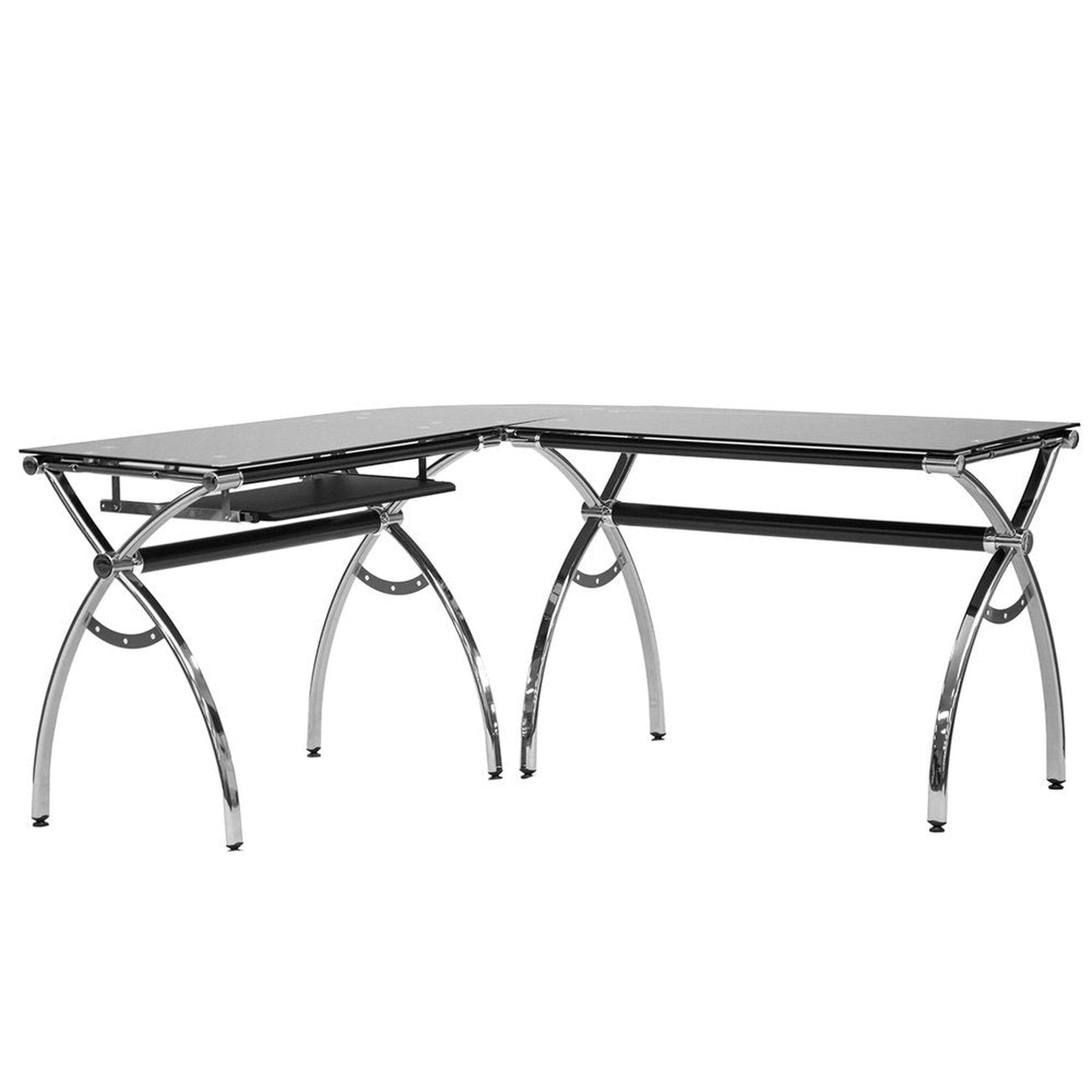 Techni Mobili L-Shaped Colored Tempered Glass Top Corner Desk with Pull Out Keyboard Tray, Black Techni Mobili Desks