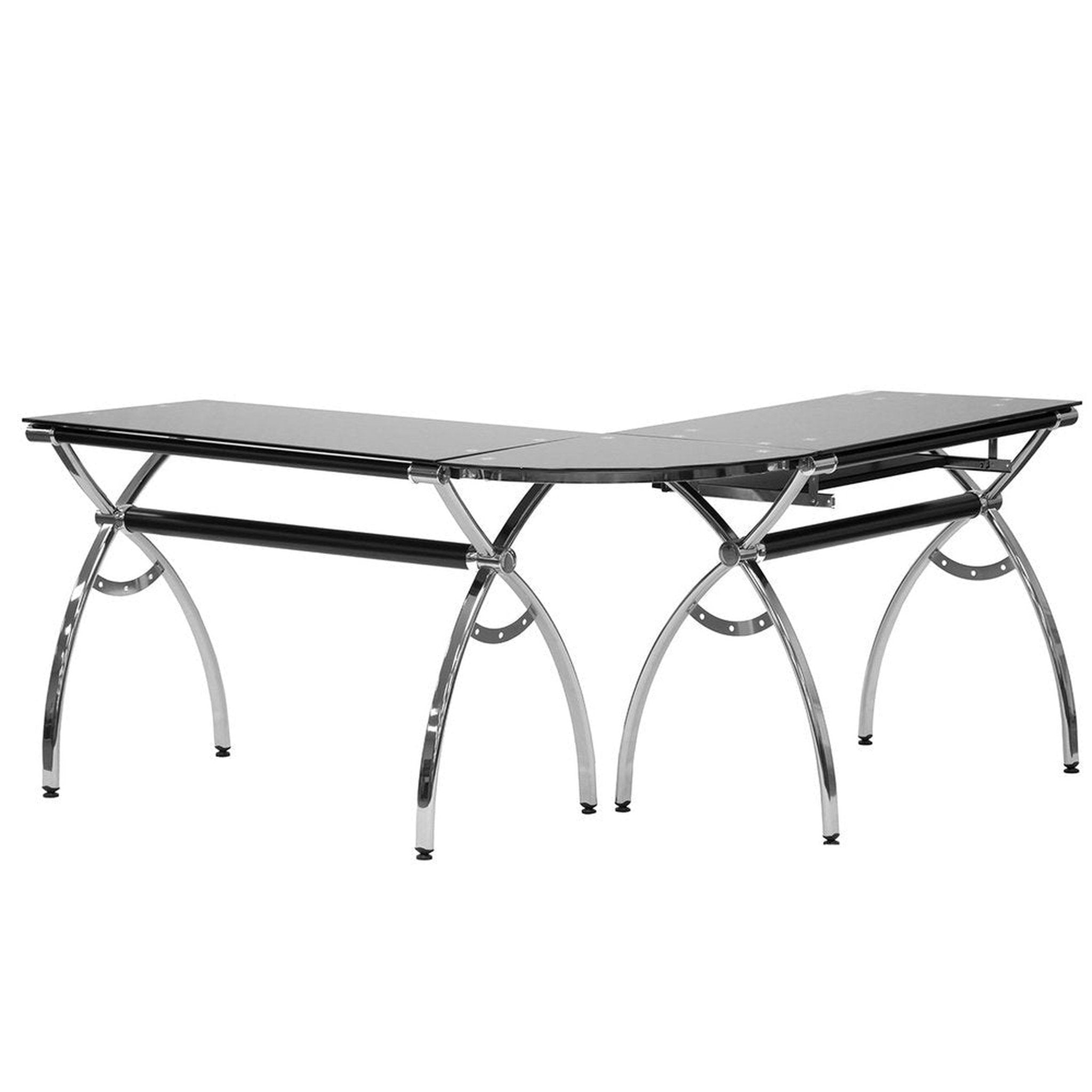 Techni Mobili L-Shaped Colored Tempered Glass Top Corner Desk with Pull Out Keyboard Tray, Black Techni Mobili Desks