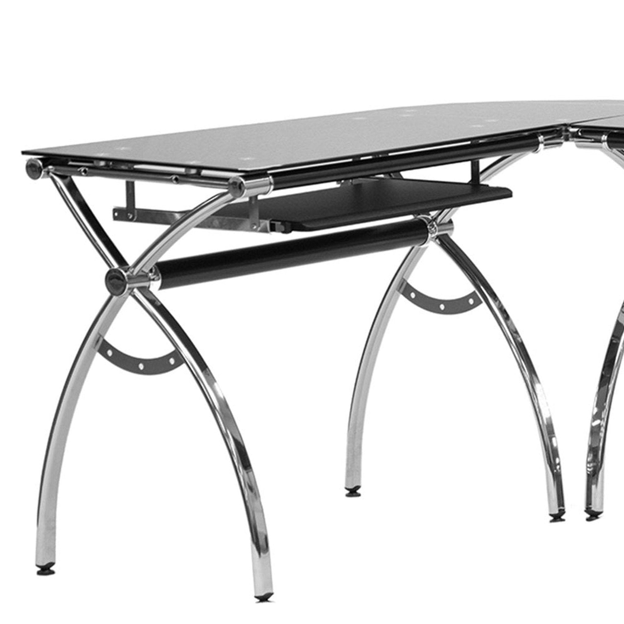 Techni Mobili L-Shaped Colored Tempered Glass Top Corner Desk with Pull Out Keyboard Tray, Black Techni Mobili Desks